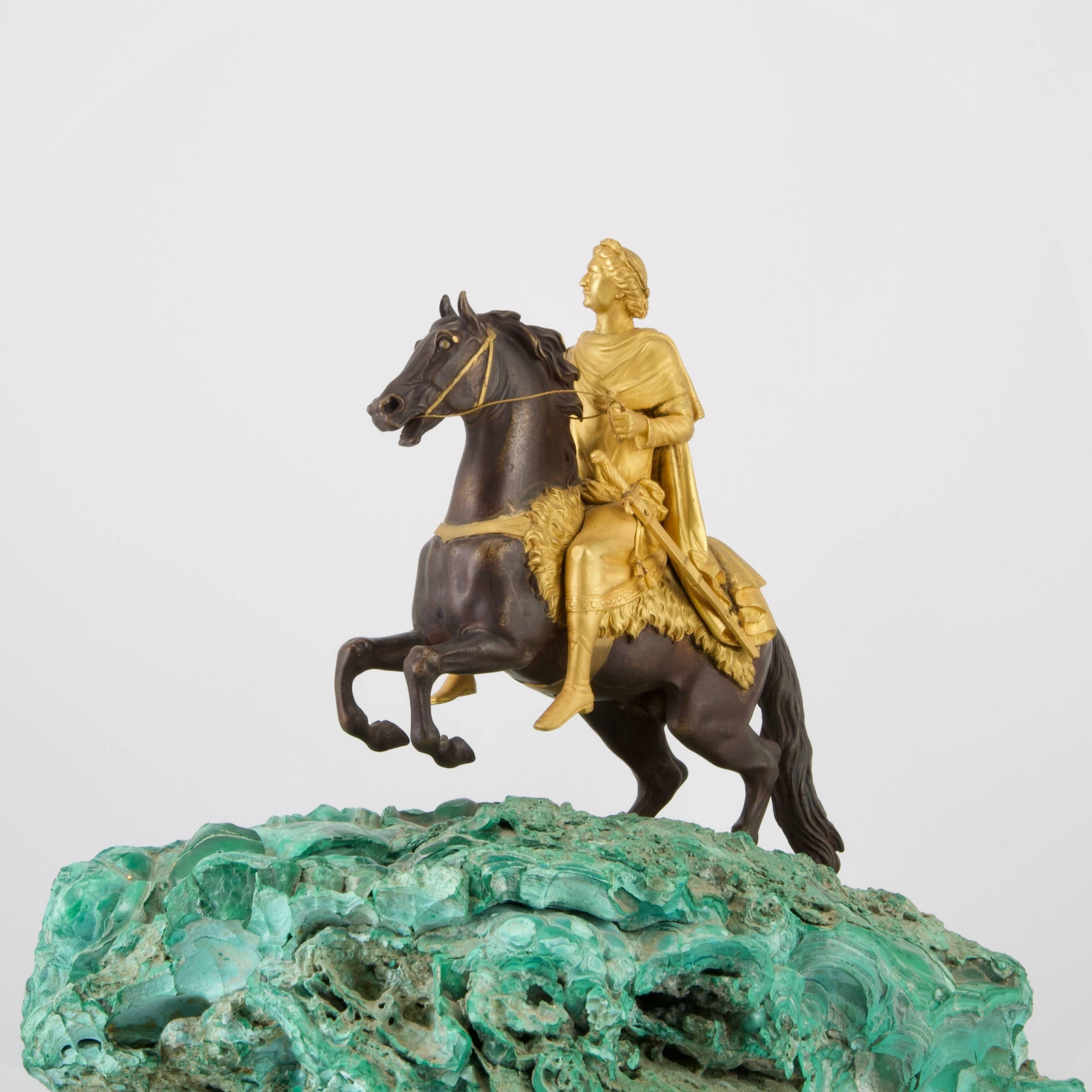 Louis XVI Antique Bronze and Malachite Statue of Peter the Great, circa 1780 For Sale