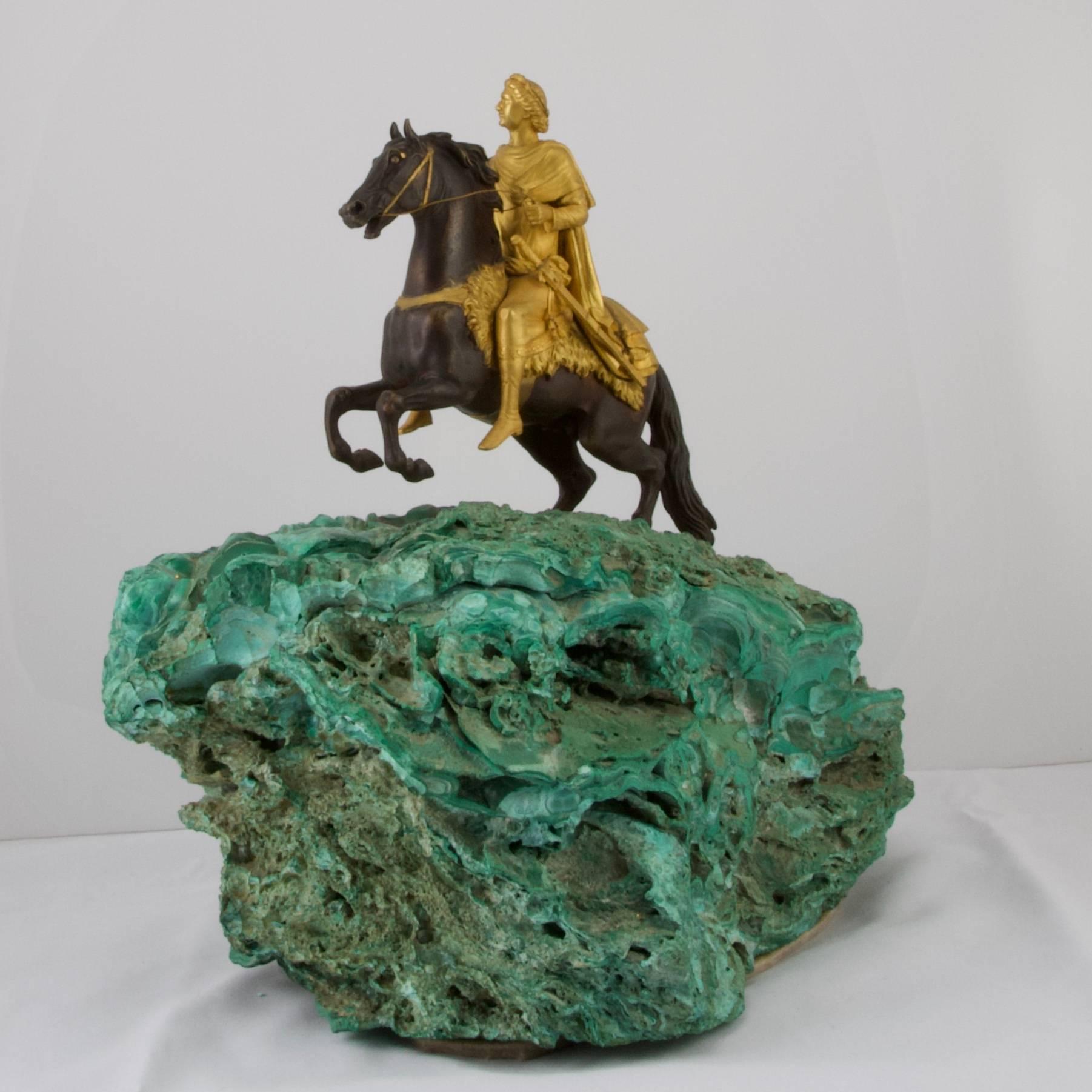 Russian Antique Bronze and Malachite Statue of Peter the Great, circa 1780 For Sale