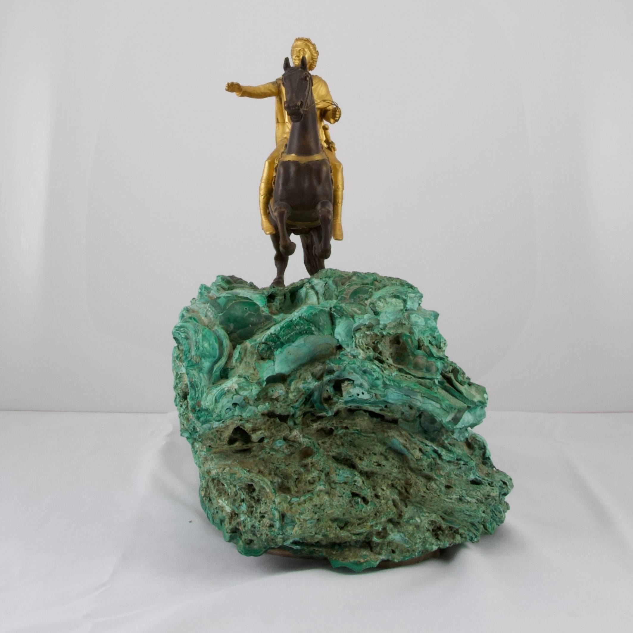 Hand-Crafted Antique Bronze and Malachite Statue of Peter the Great, circa 1780 For Sale