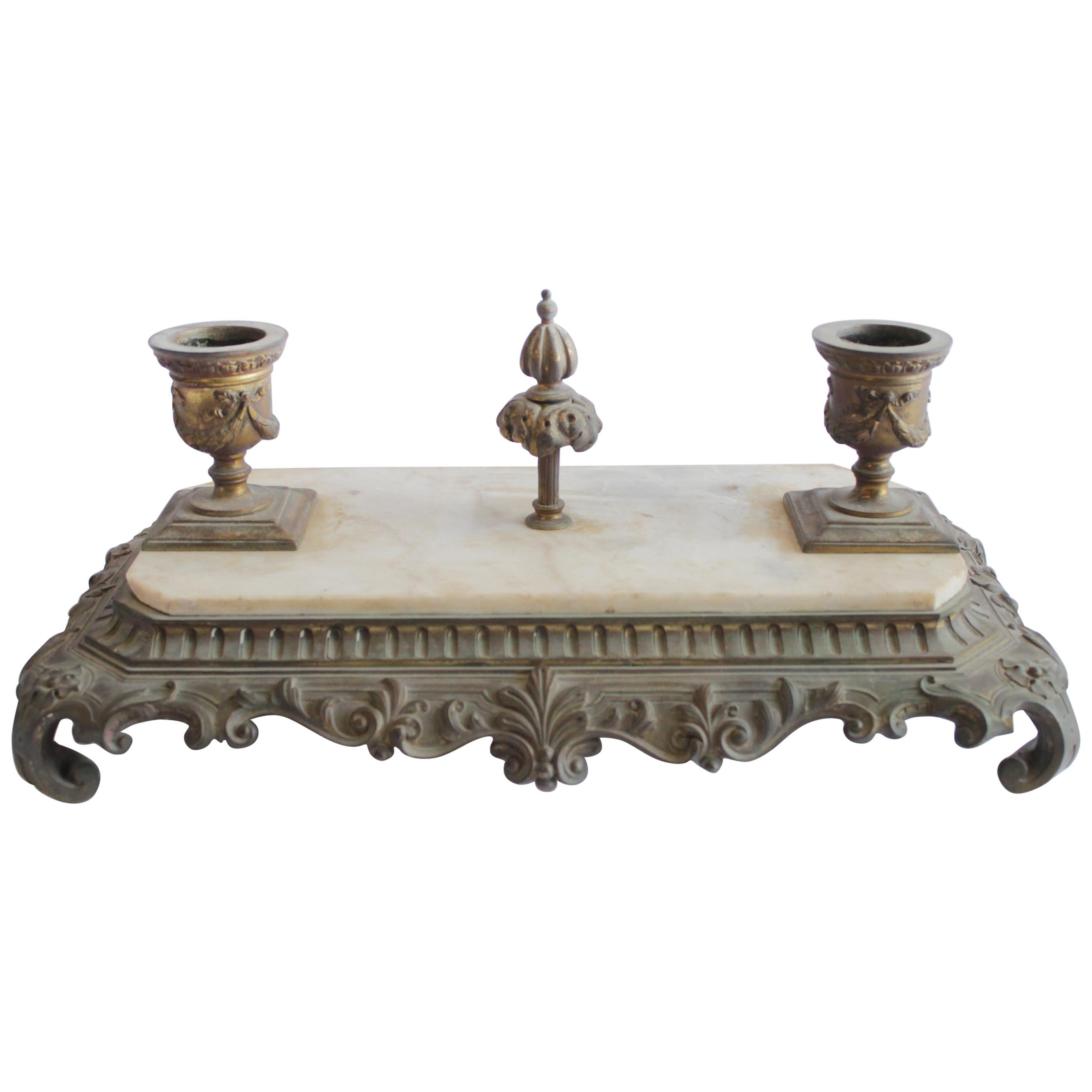 Antique Bronze and Marble Inkwell