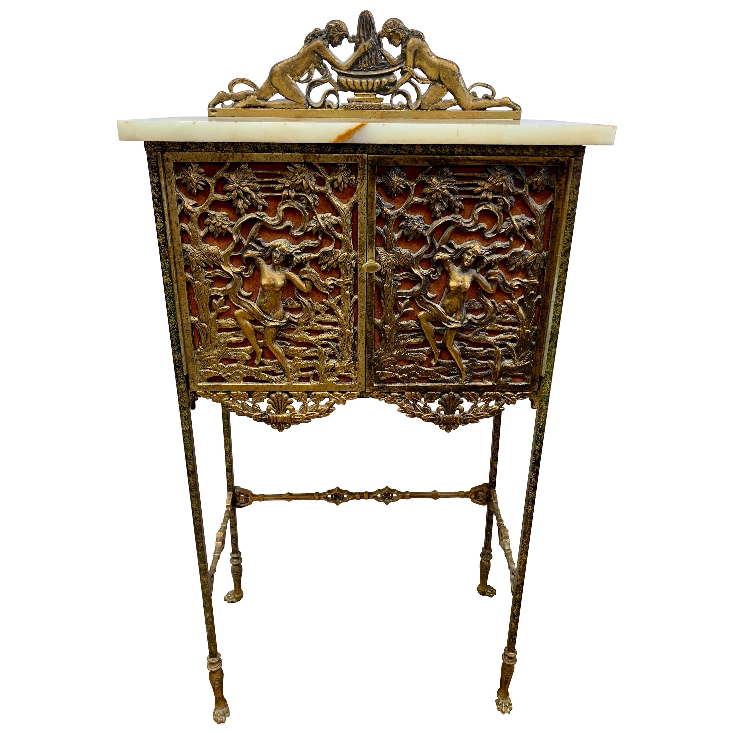 Antique Bronze and Onyx Telephone Stand Cabinet Table or Bar Drybar Console