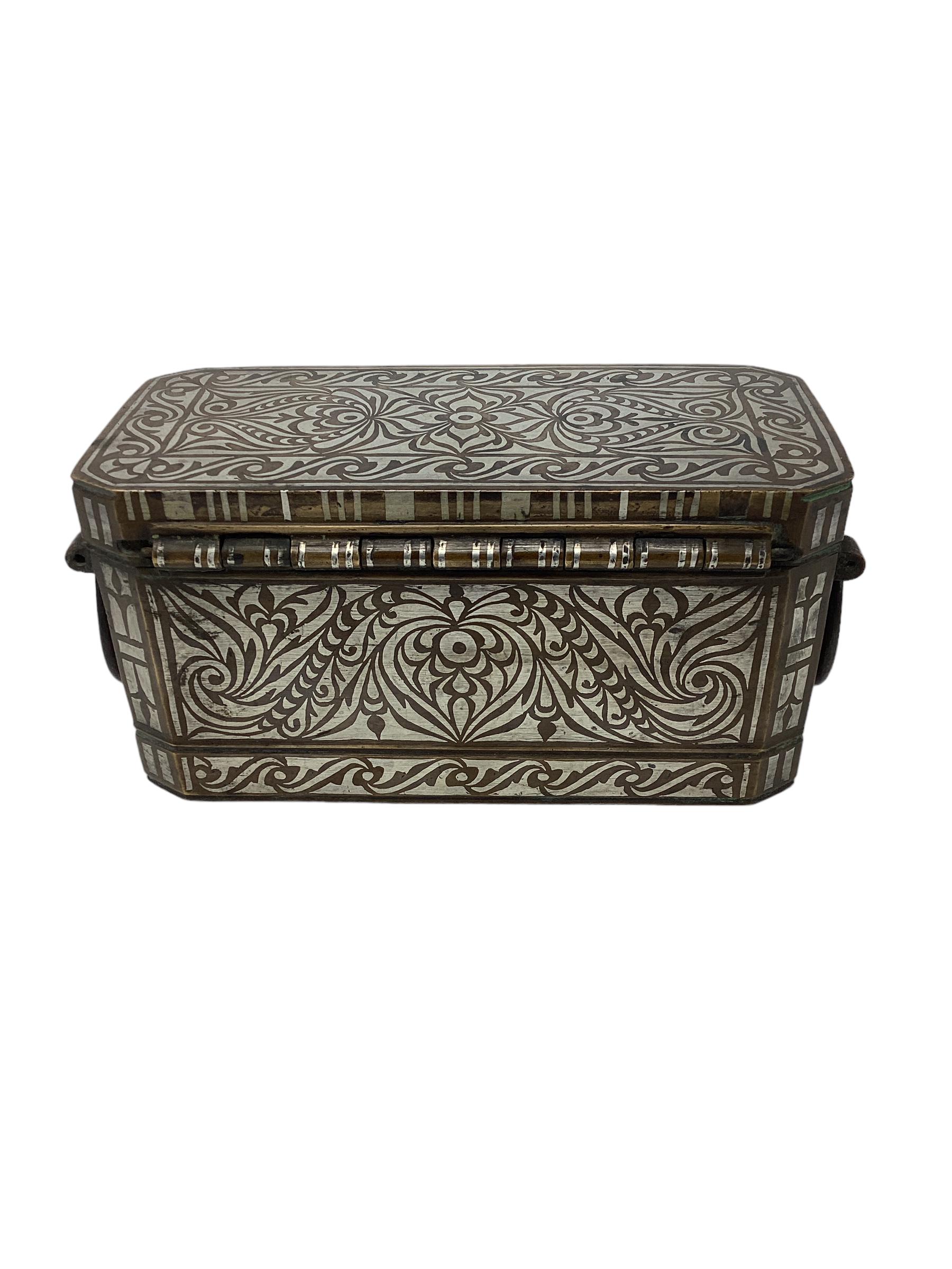 Tribal  Antique Bronze and Silver Inlaid Betel Nut Box For Sale