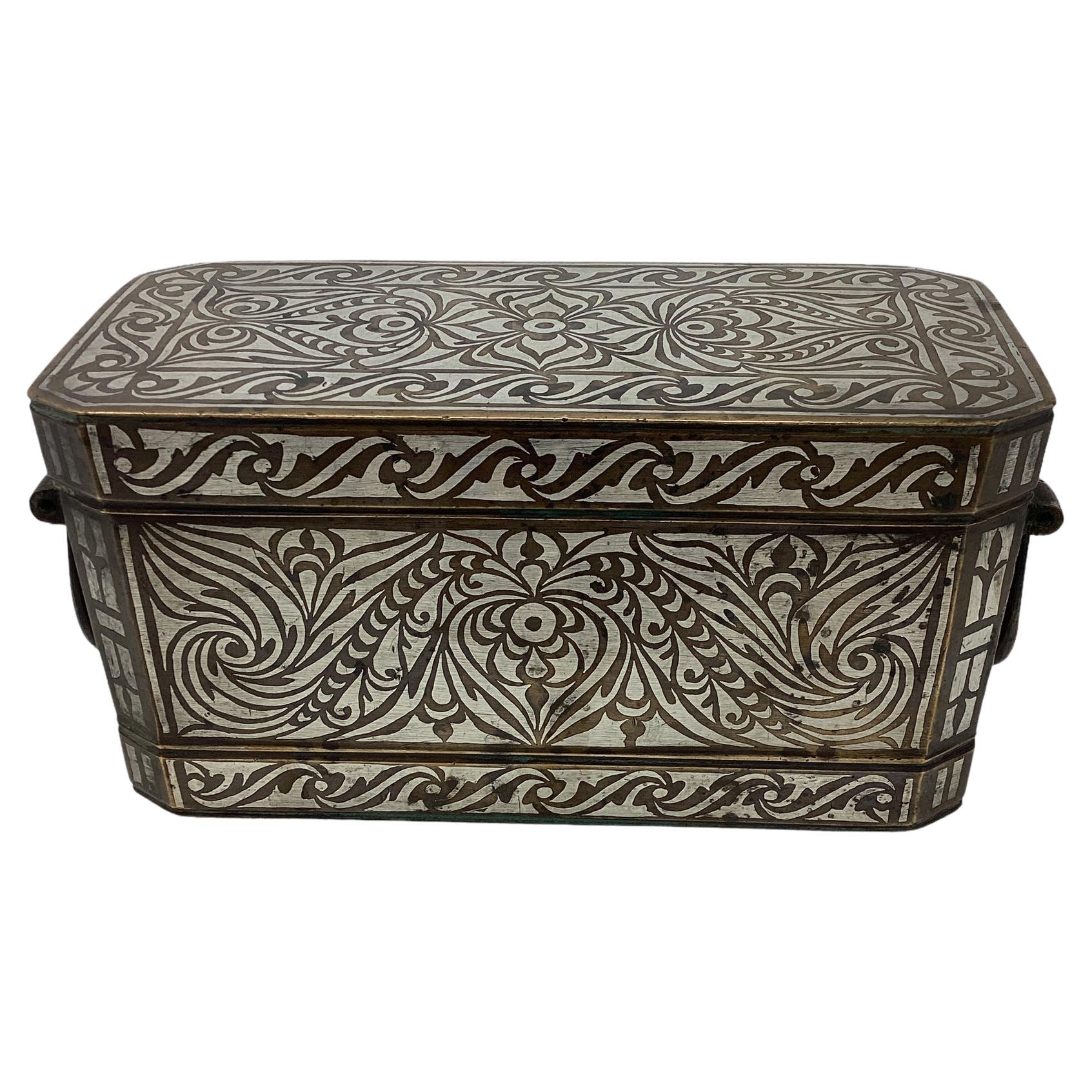  Antique Bronze and Silver Inlaid Betel Nut Box For Sale