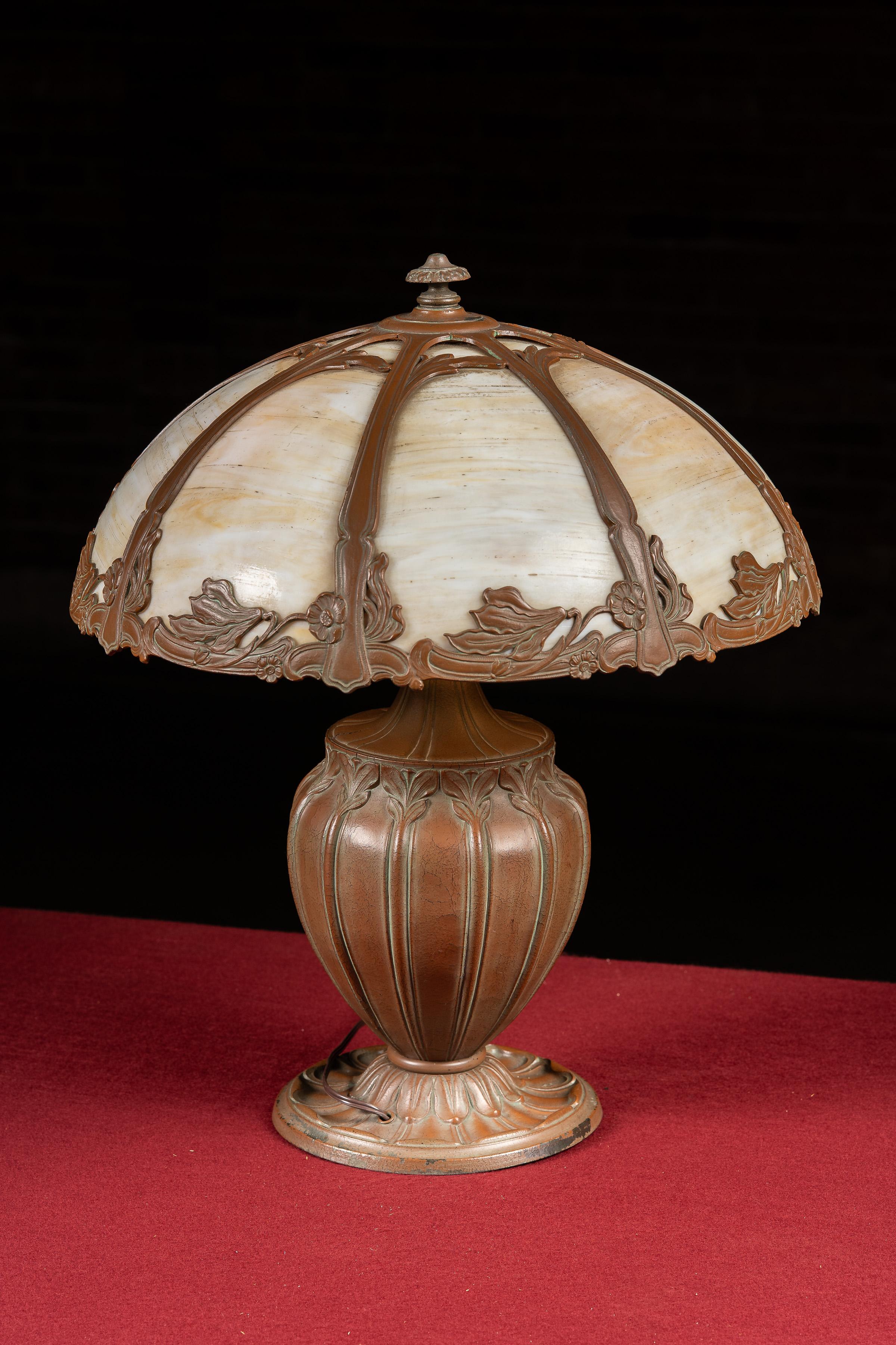 Art Nouveau Antique Bronze and Slag Glass Table Lamp For Sale