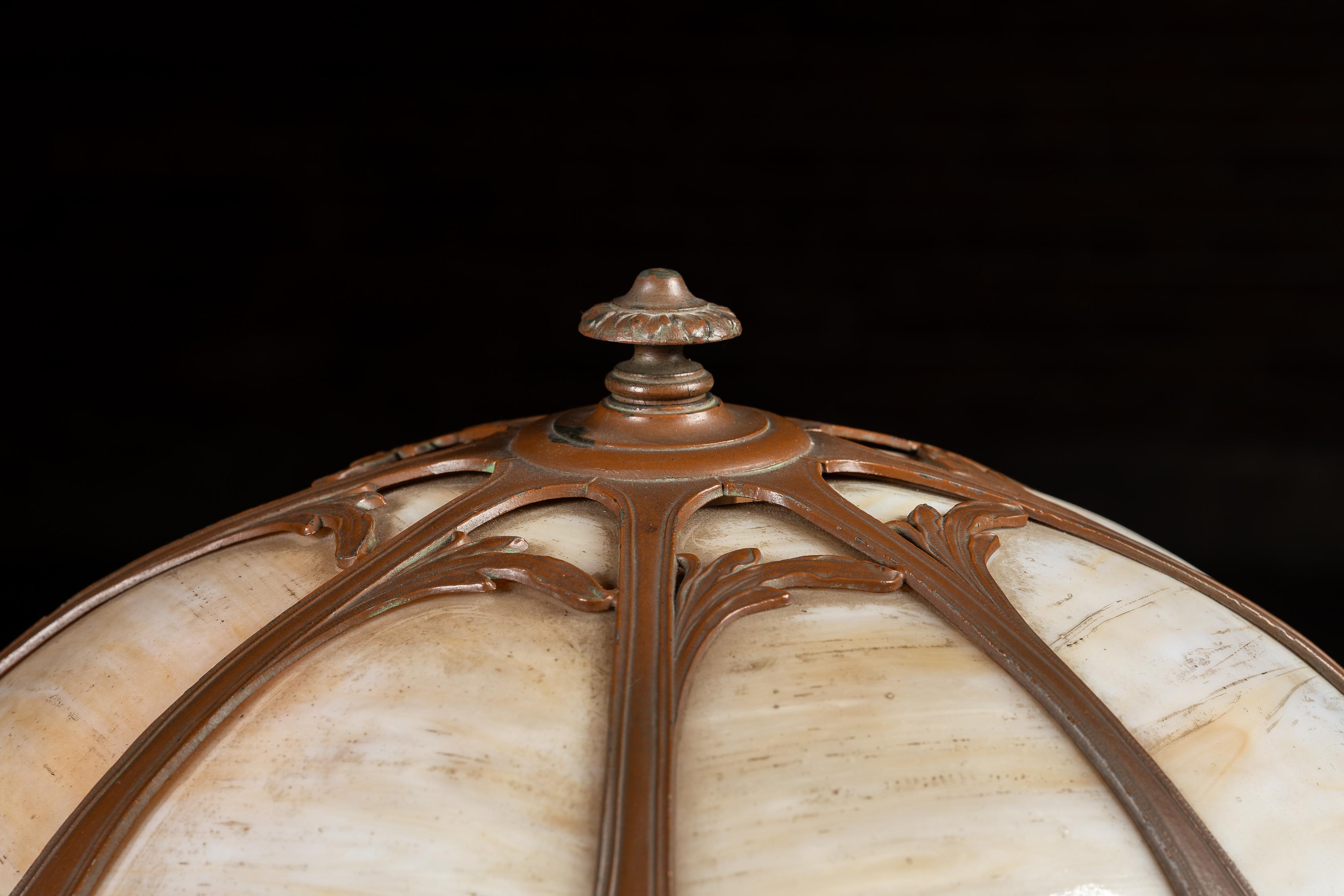 American Antique Bronze and Slag Glass Table Lamp For Sale