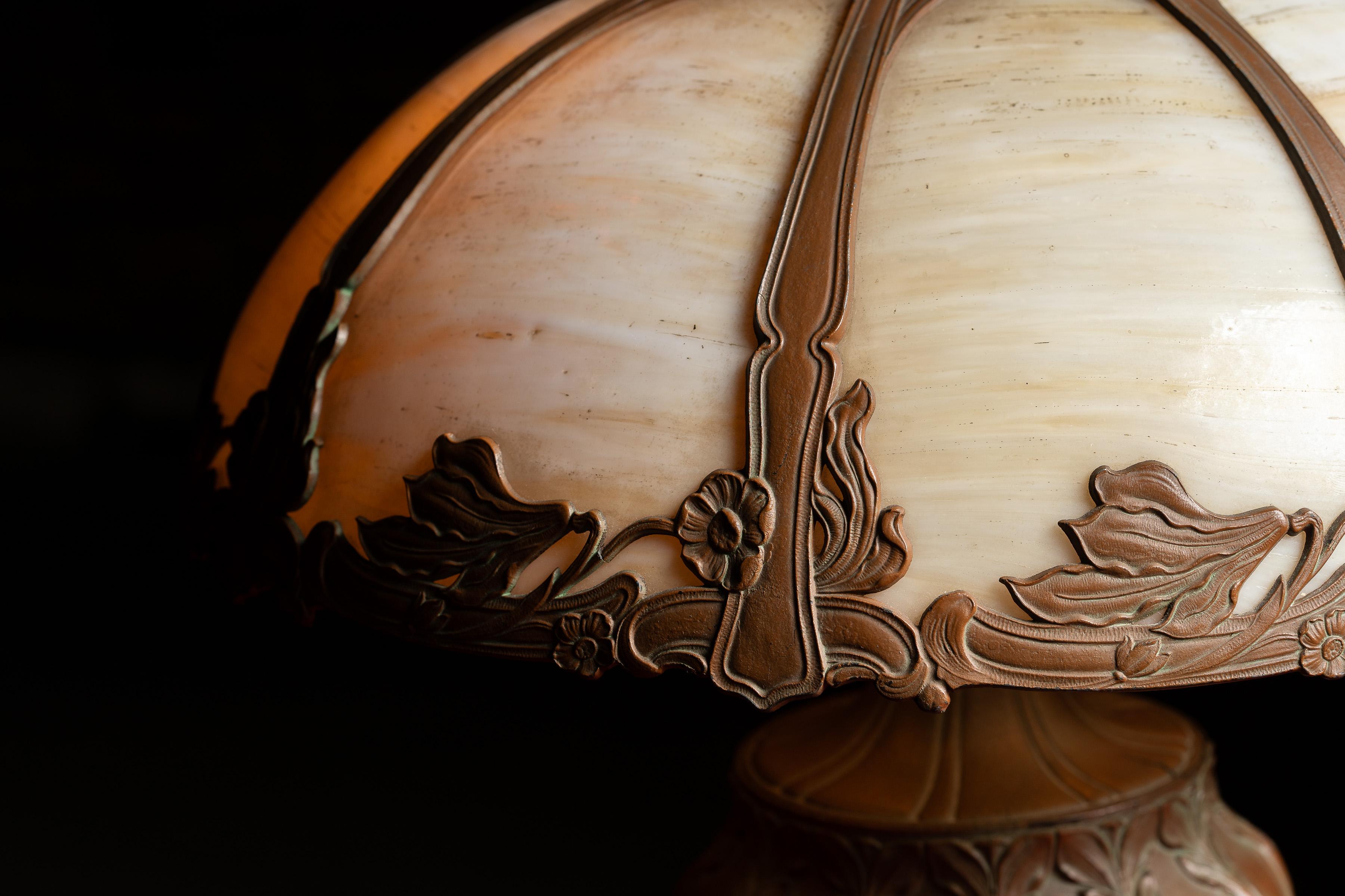 Antique Bronze and Slag Glass Table Lamp For Sale 2