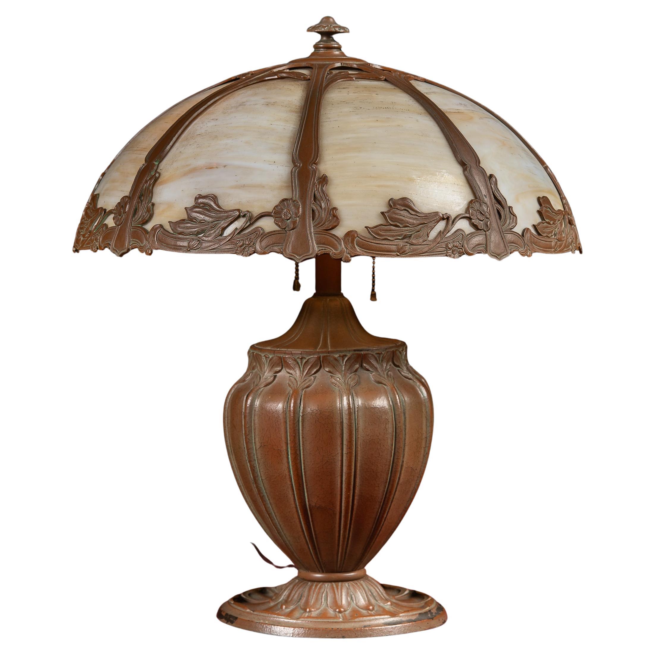 Antique Bronze and Slag Glass Table Lamp