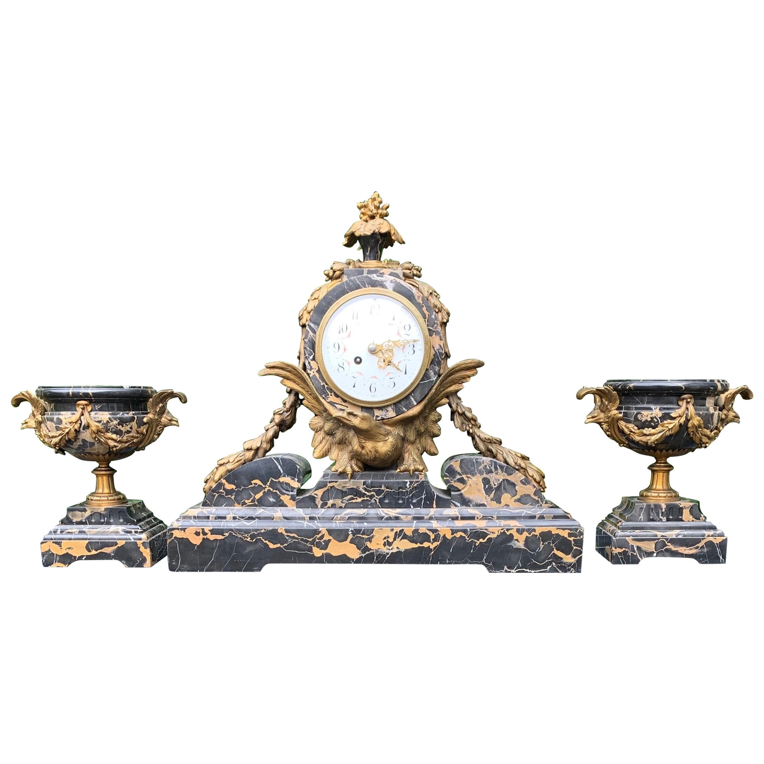 Antique Bronze and Stunning Marble Clock Garniture with Eagle Sculptures