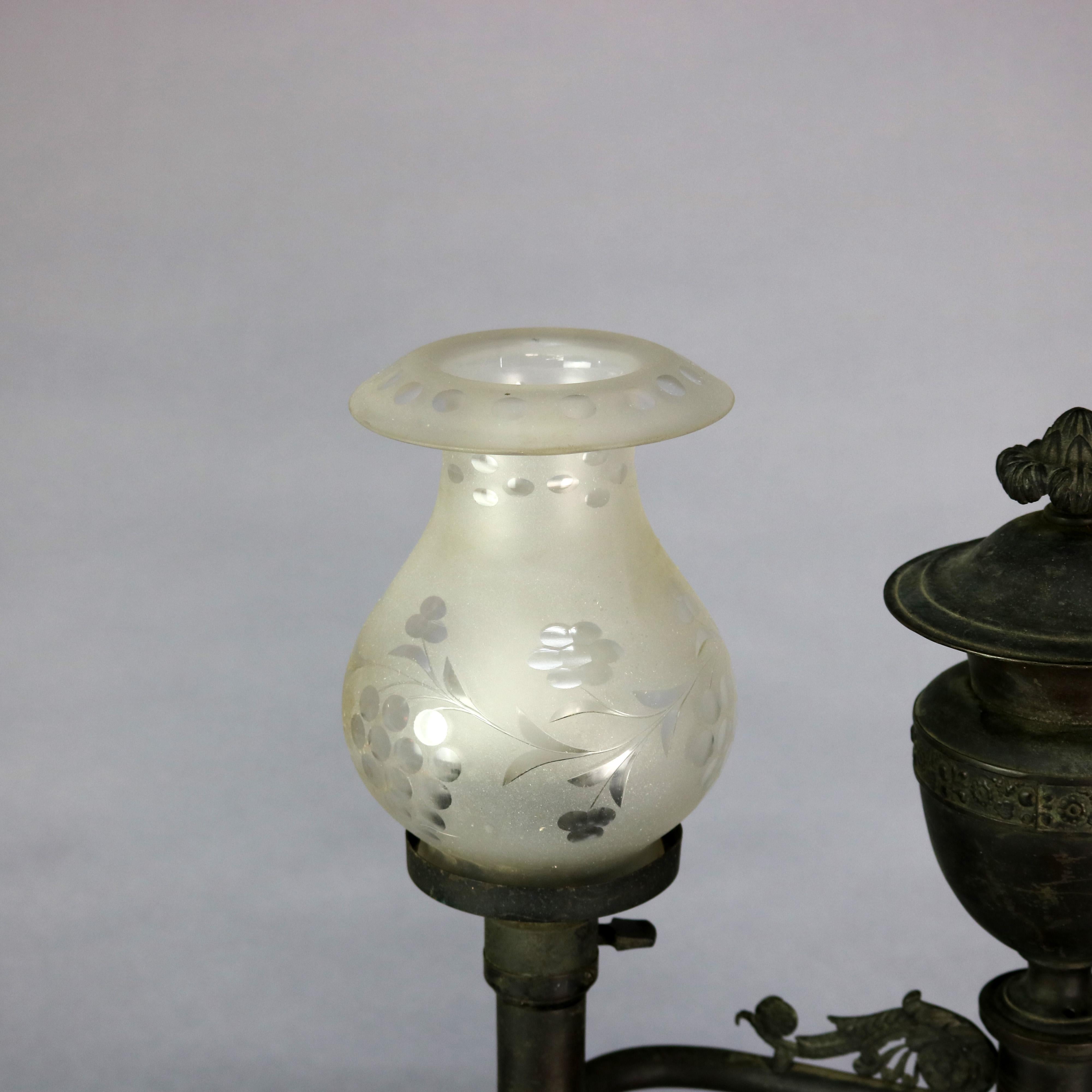 Antike Bronze Argand Student Lampe & Schirm:: elektrifiziert:: um 1820 (Gegossen)