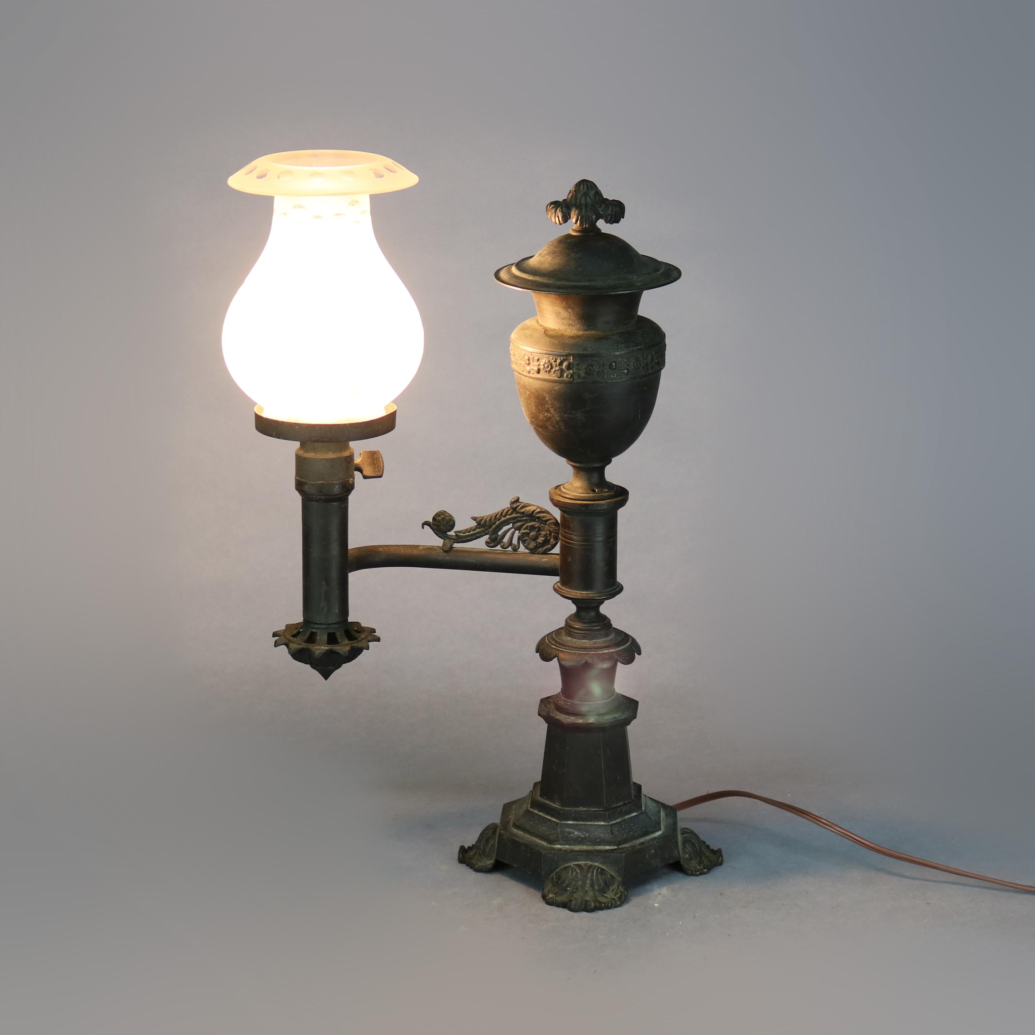 American Antique Bronze Argand Student Lamp & Shade, Electrified, Circa 1820