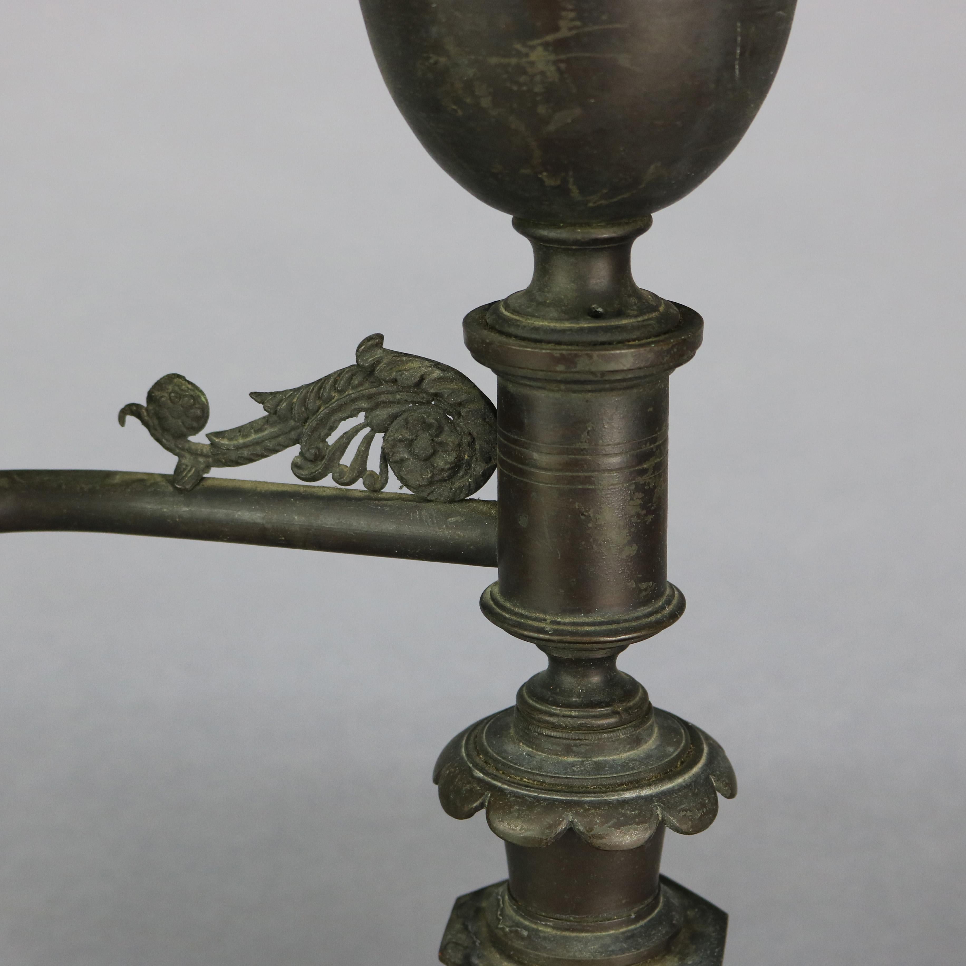 Cast Antique Bronze Argand Student Lamp & Shade, Electrified, Circa 1820