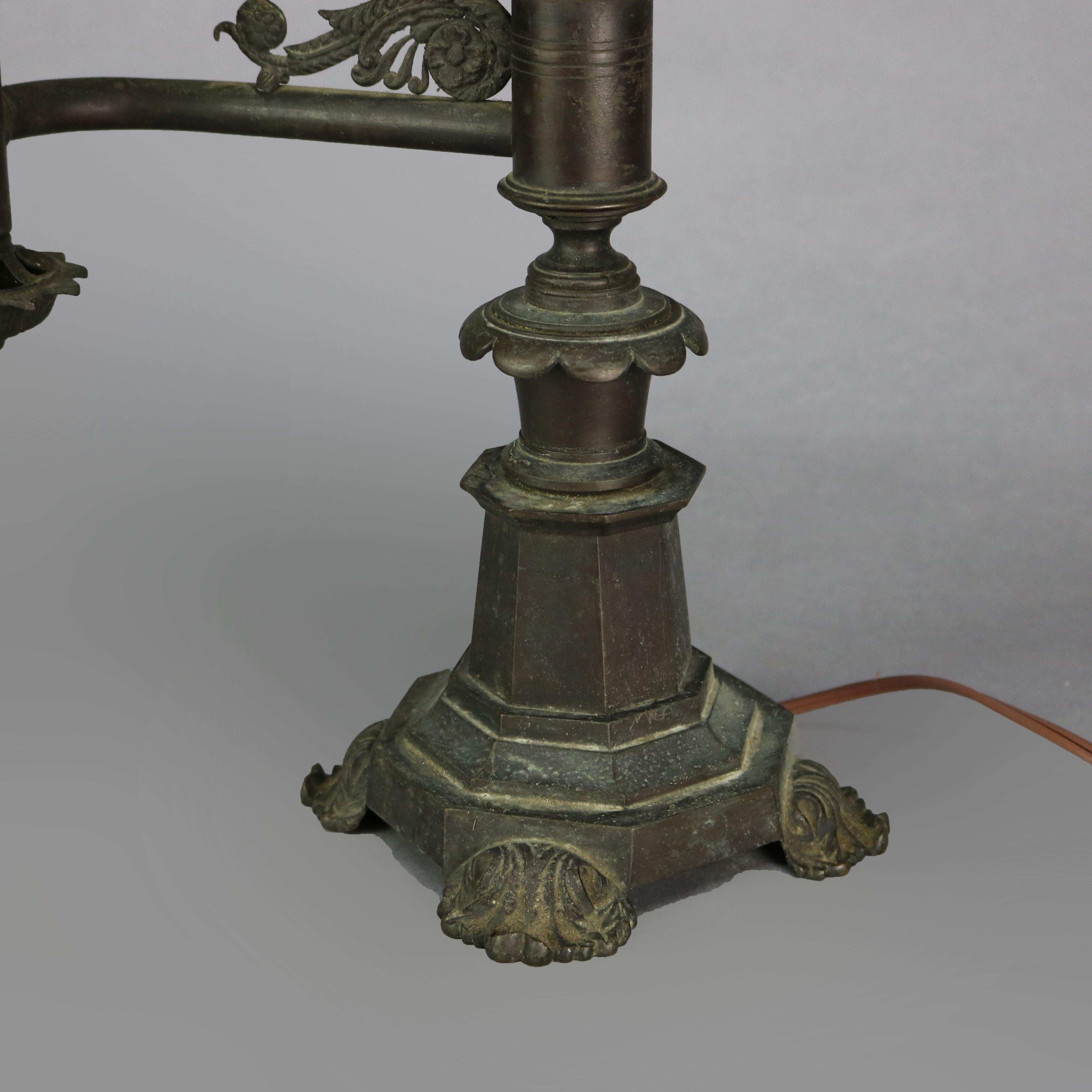 Antique Bronze Argand Student Lamp & Shade, Electrified, Circa 1820 In Good Condition In Big Flats, NY