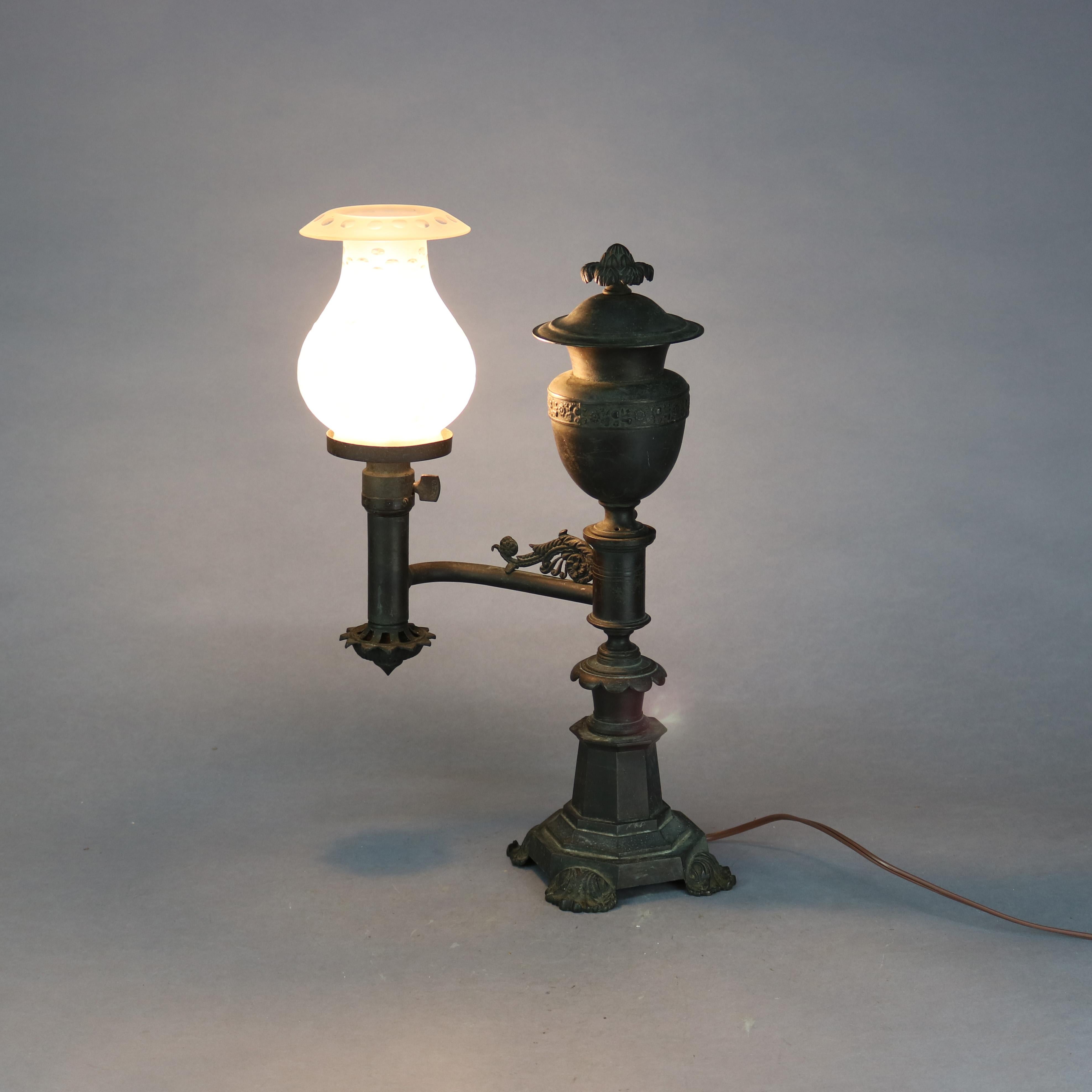 19th Century Antique Bronze Argand Student Lamp & Shade, Electrified, Circa 1820