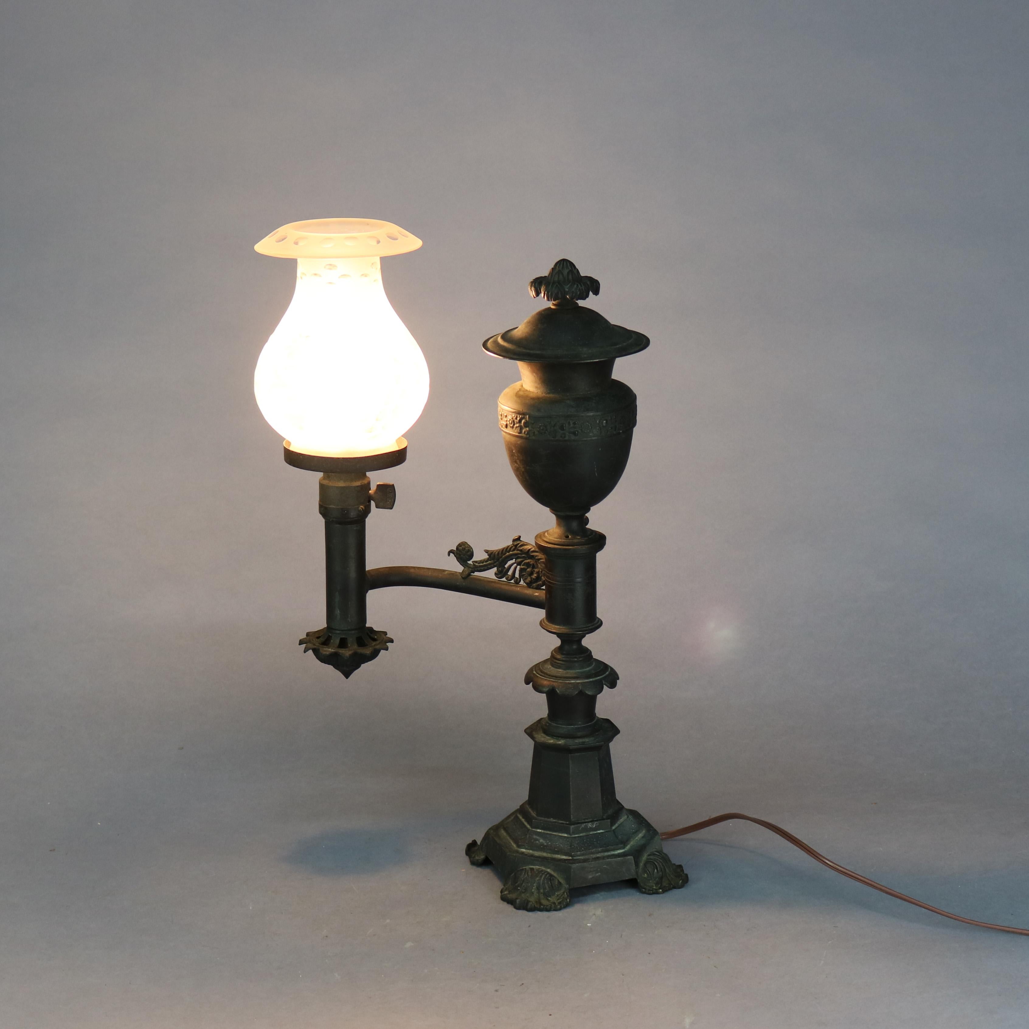 Glass Antique Bronze Argand Student Lamp & Shade, Electrified, Circa 1820
