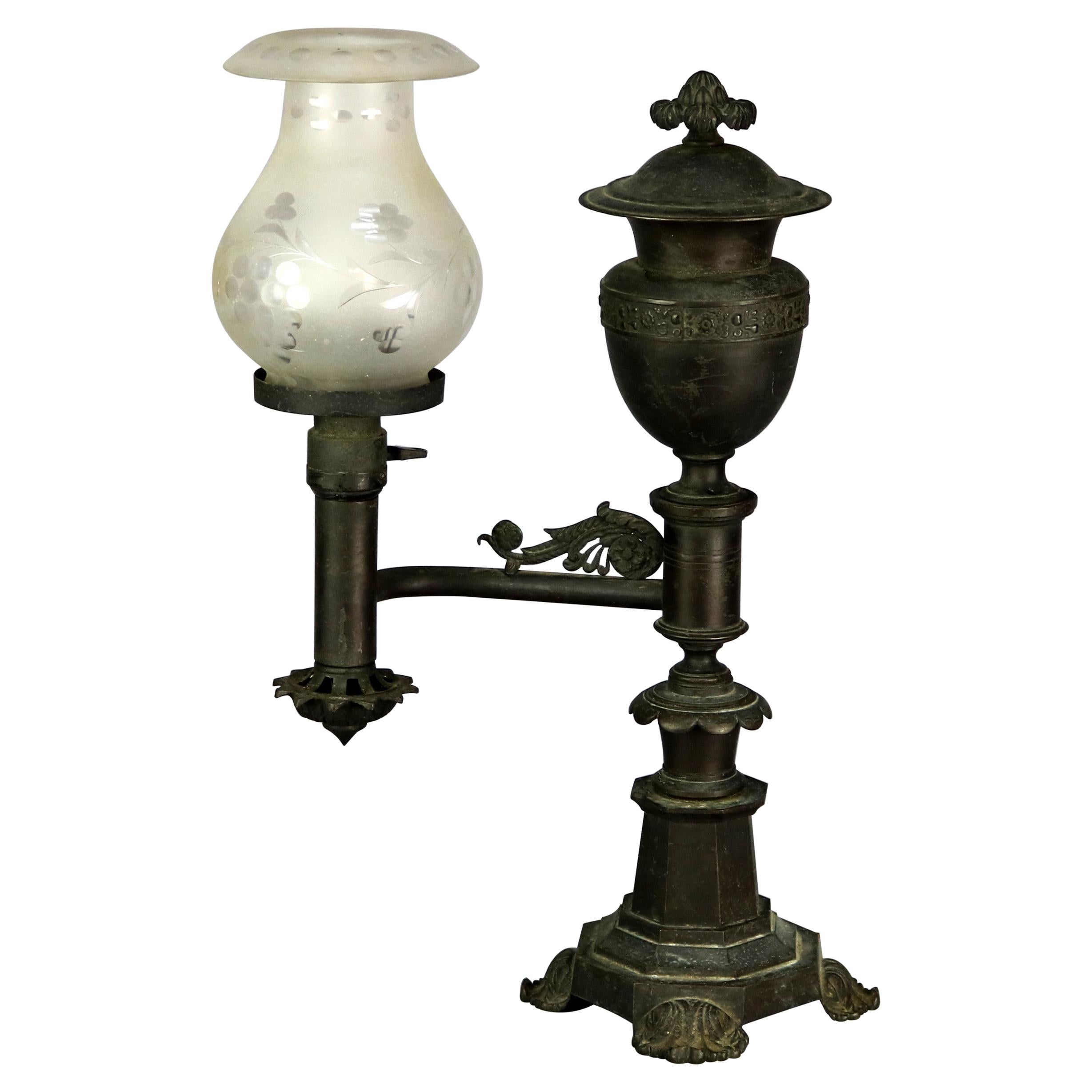 Antique Bronze Argand Student Lamp & Shade, Electrified, Circa 1820