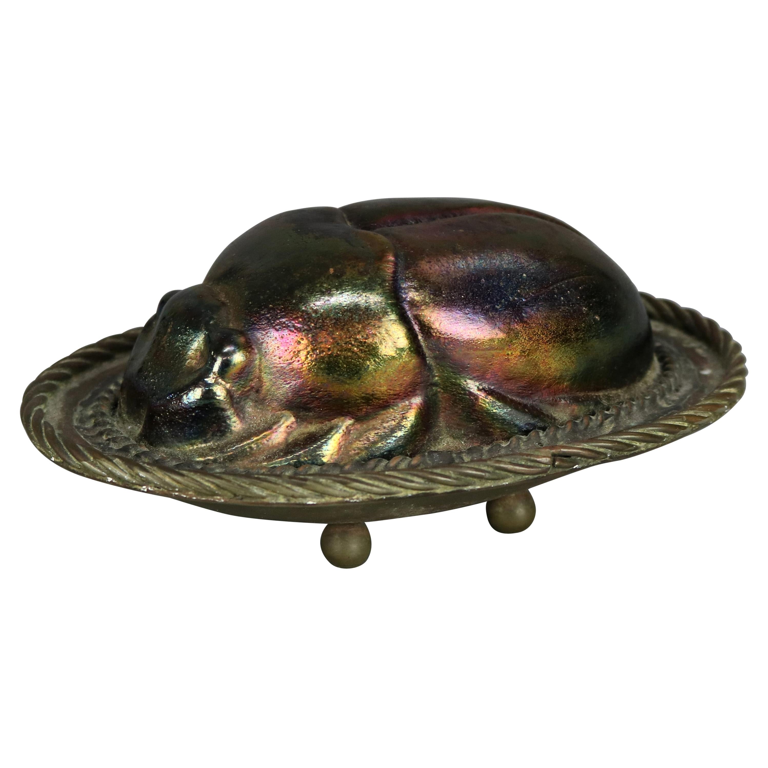 Antique Bronze & Art Glass Scarab Sculpture After Tiffany, 20th C