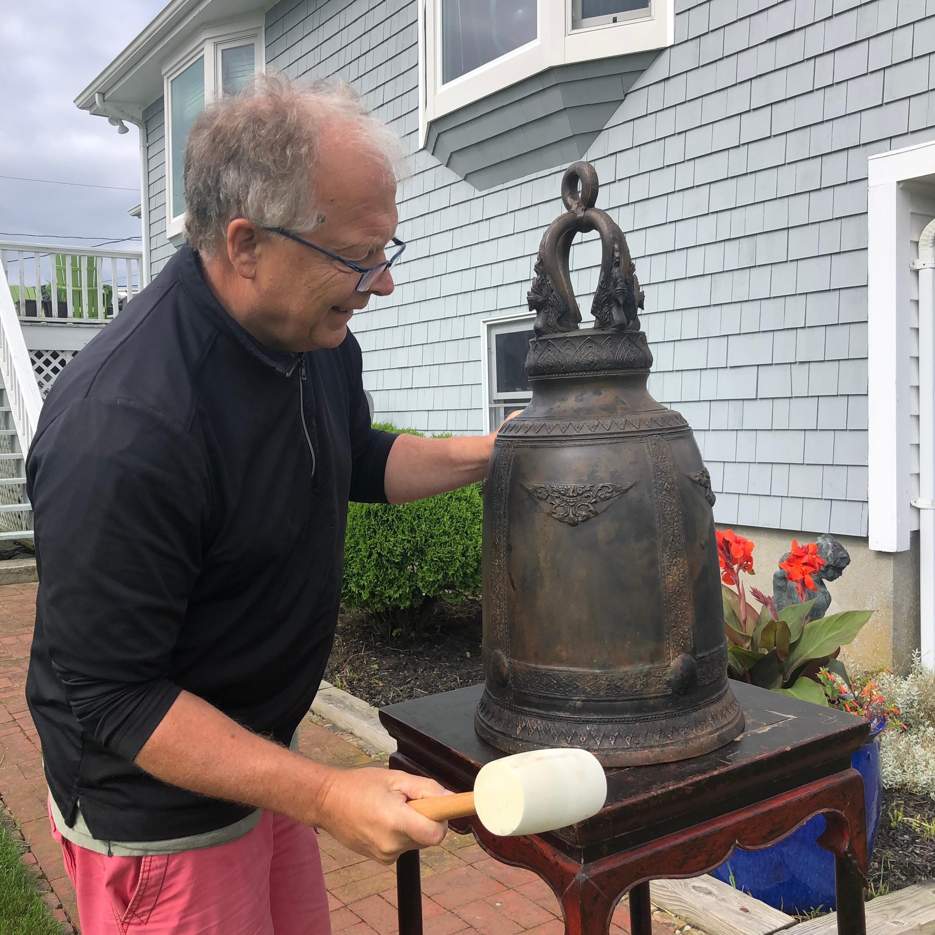 For your garden setting or indoors, this huge 29 inch tall antique bronze bell

Beautiful deep resonating ring tones await the new owner of this big one-of-a-kind antique master work.

This superb antique hand cast bronze temple bell dates to the