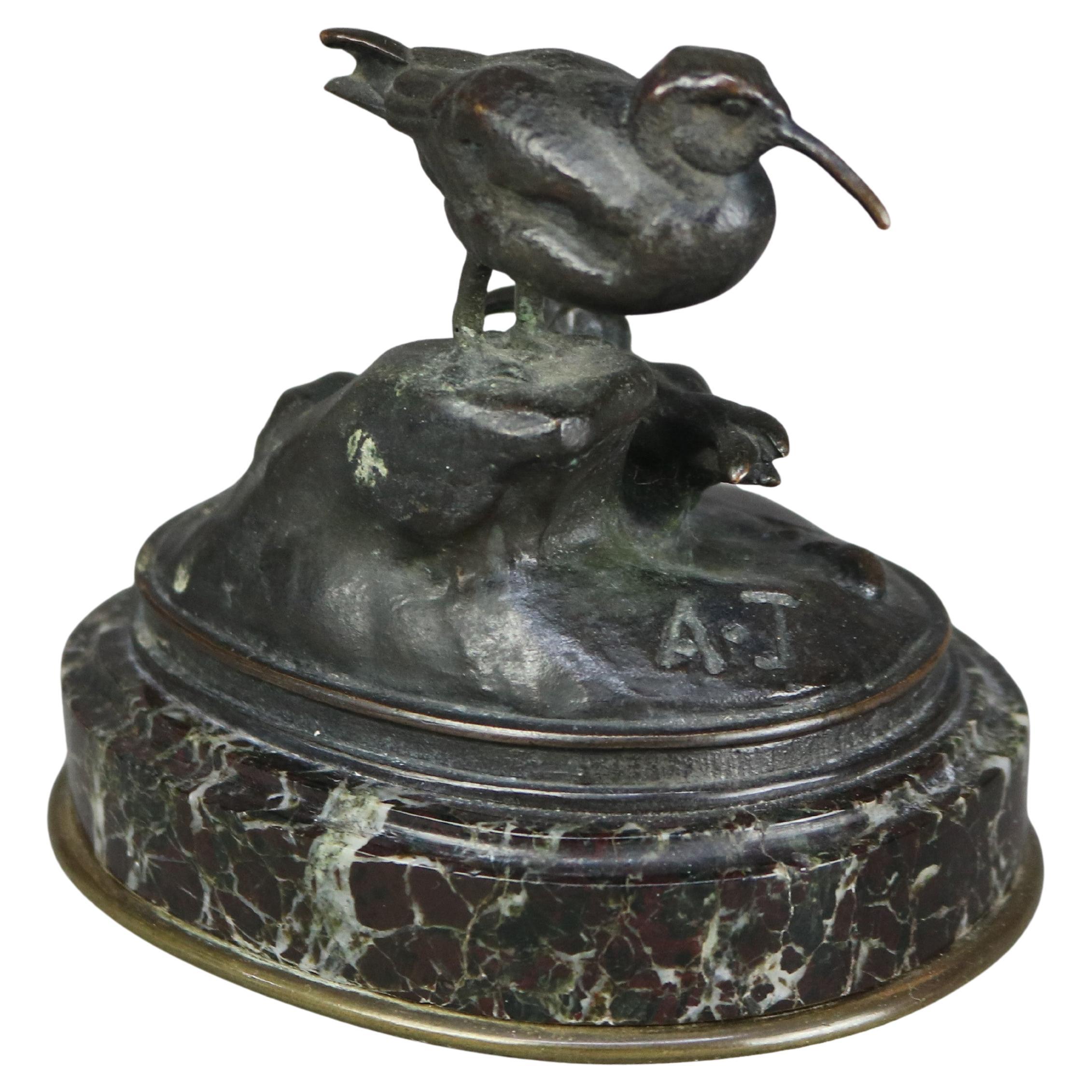 Ancienne sculpture de groupe d'oiseaux en bronze sur socle en marbre signée A. J. C1900