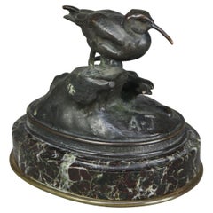 Ancienne sculpture de groupe d'oiseaux en bronze sur socle en marbre signée A. J. C1900
