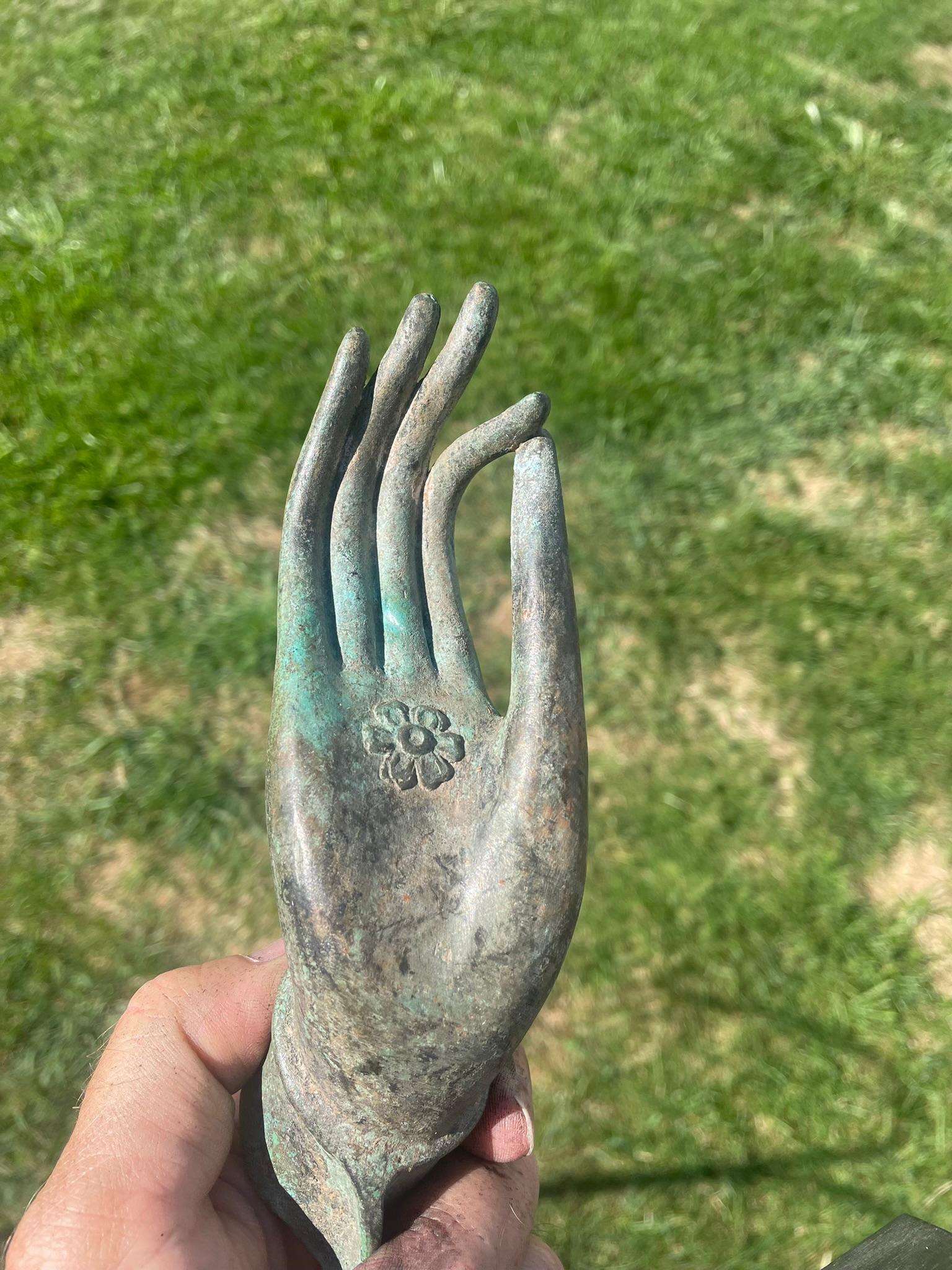 Cast Antique Bronze Blue Patina Buddha Hand, 150 Years Old