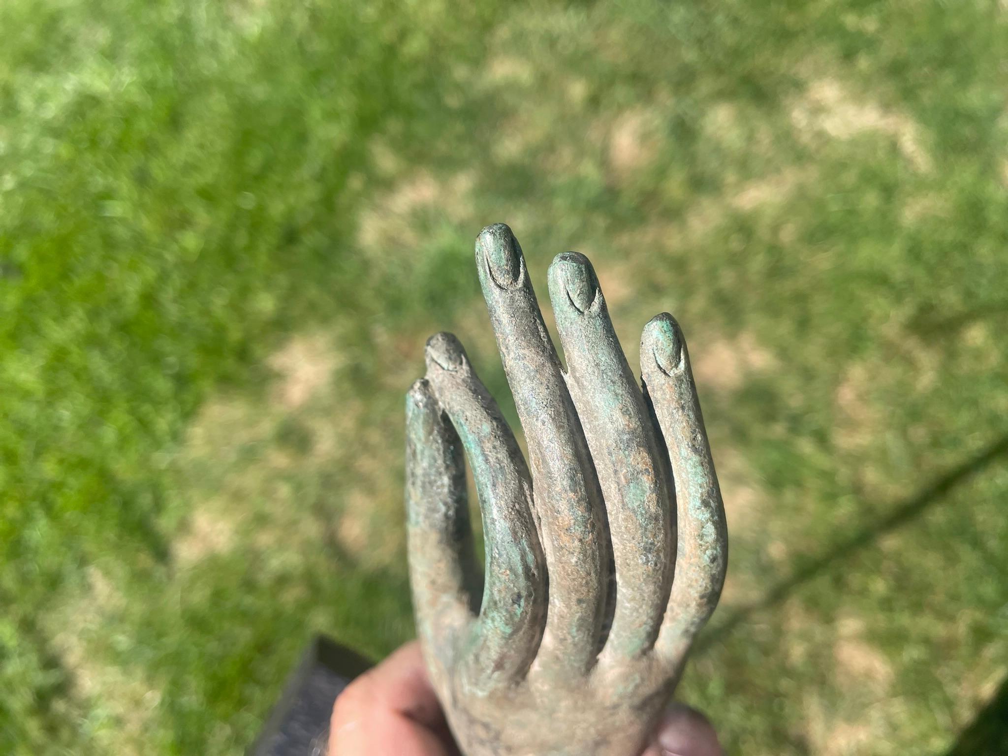 Antique Bronze Blue Patina Buddha Hand, 150 Years Old In Good Condition In South Burlington, VT