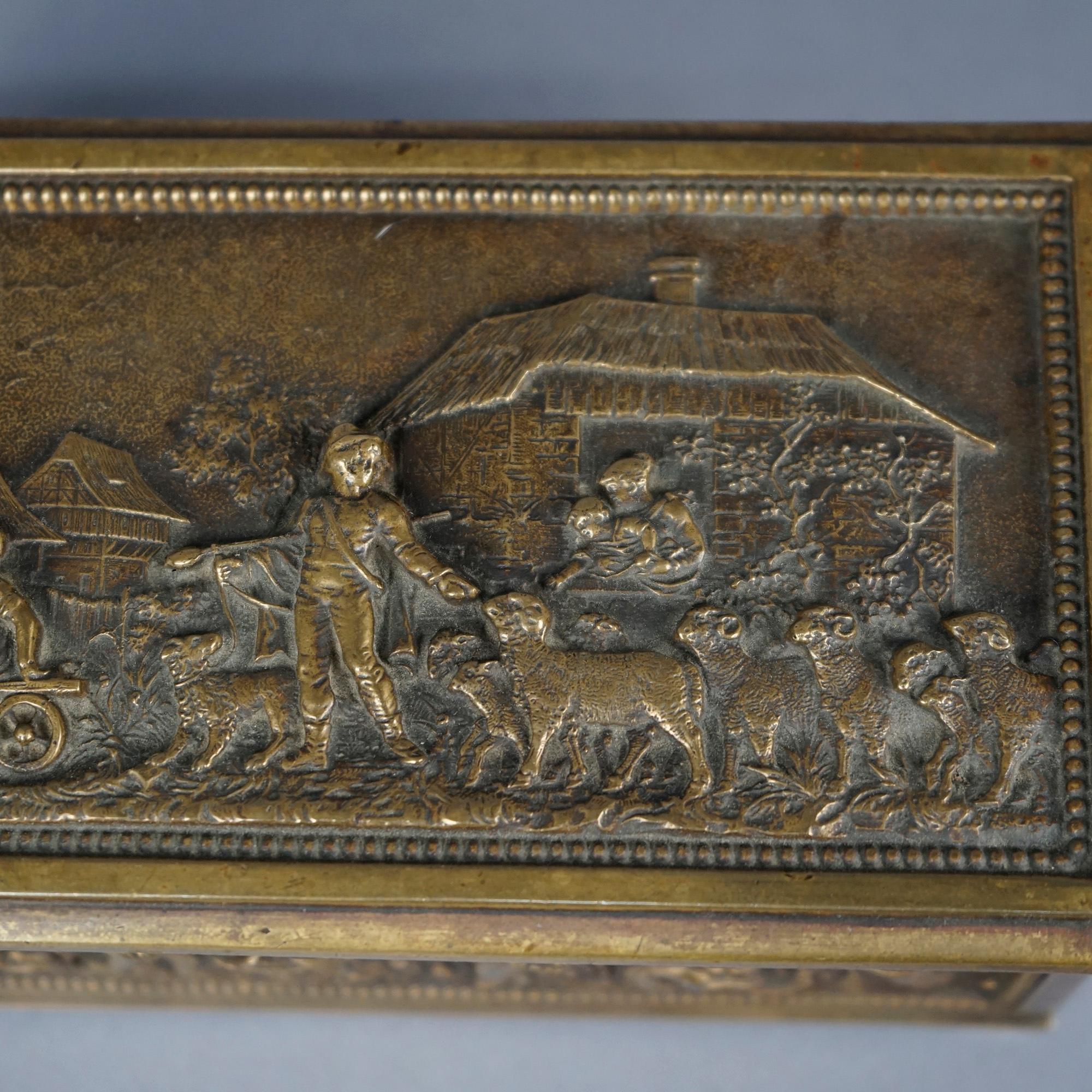 Antique Bronze Box, Continental Genre Scene with Figures in High Relief 19th C 4