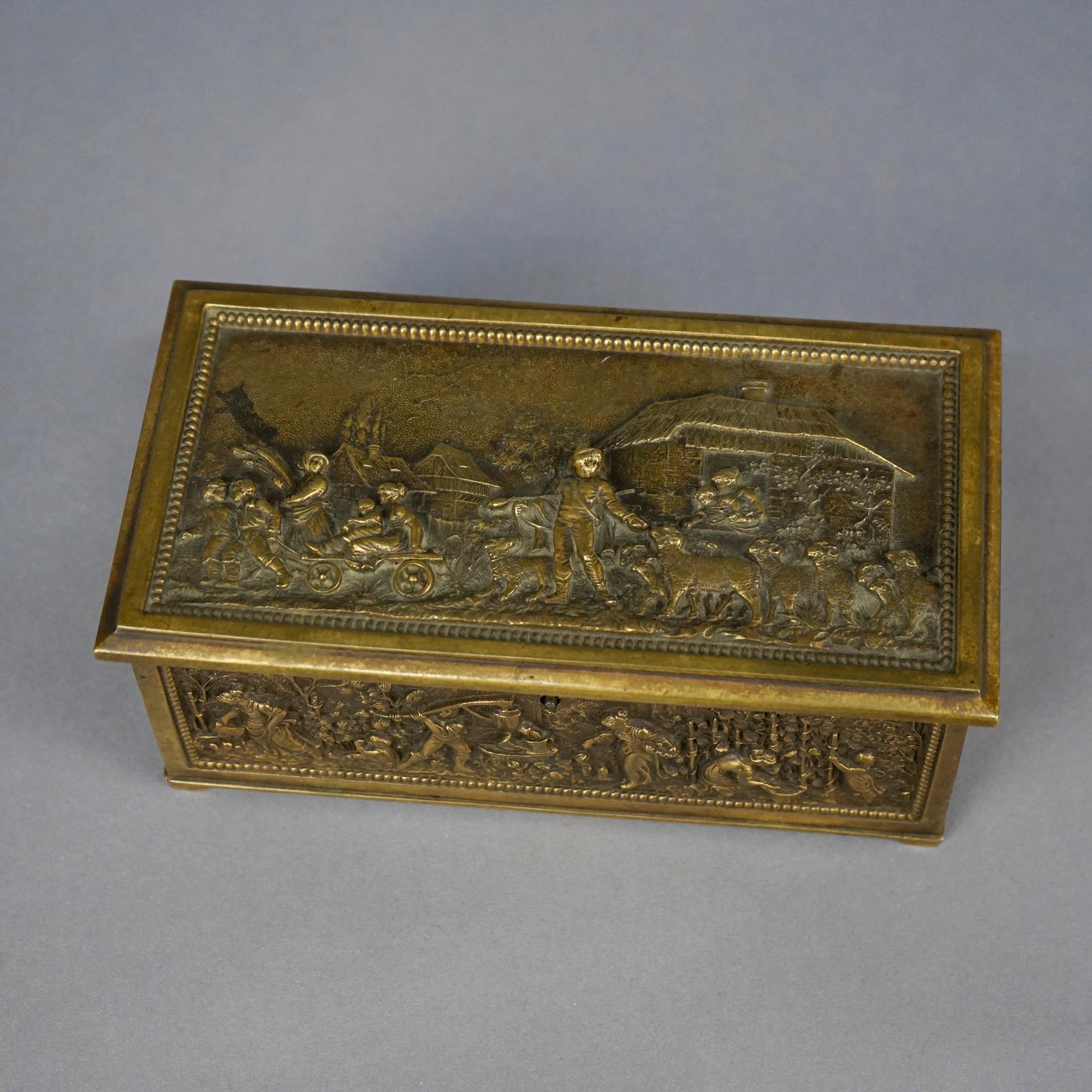 European Antique Bronze Box, Continental Genre Scene with Figures in High Relief 19th C