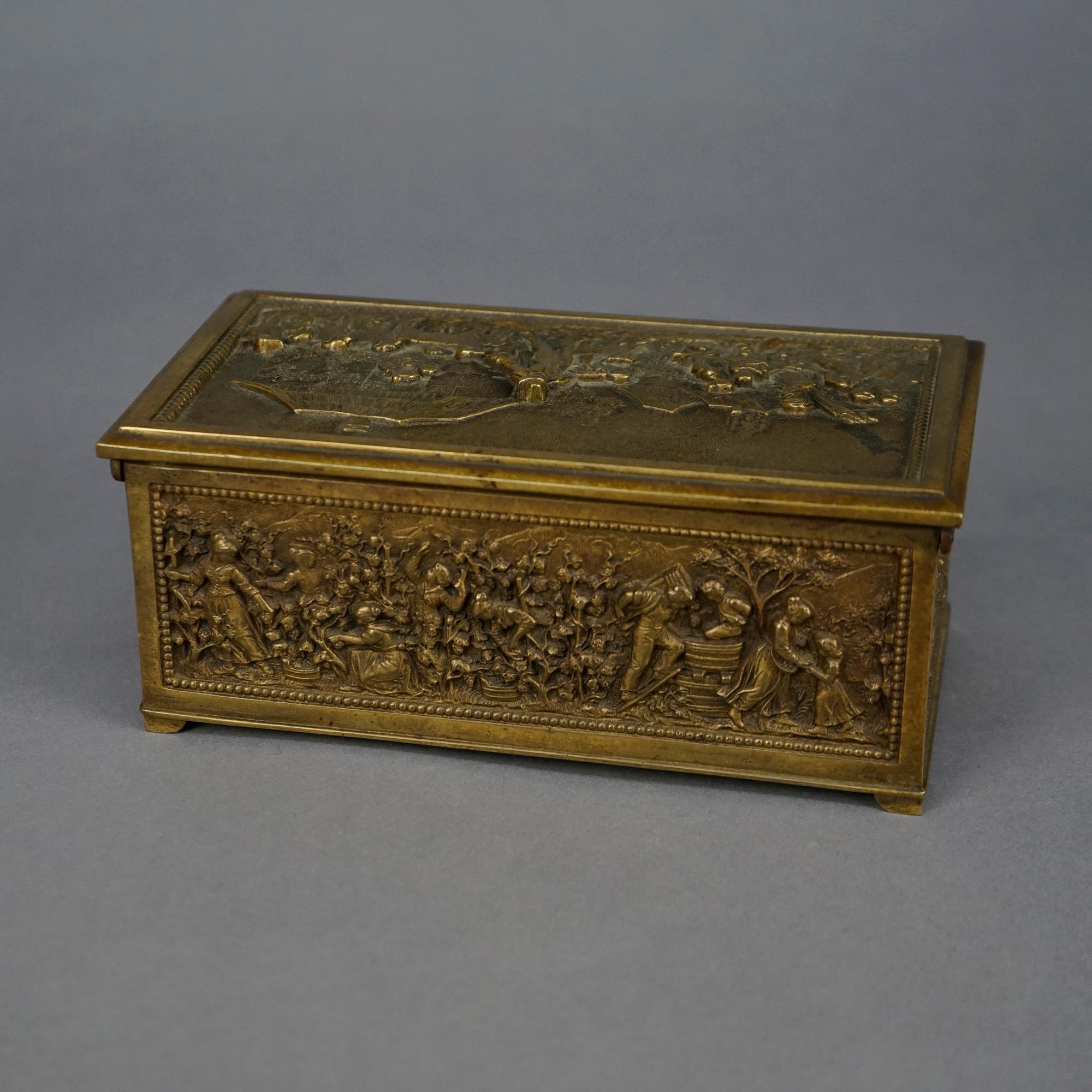 Cast Antique Bronze Box, Continental Genre Scene with Figures in High Relief 19th C