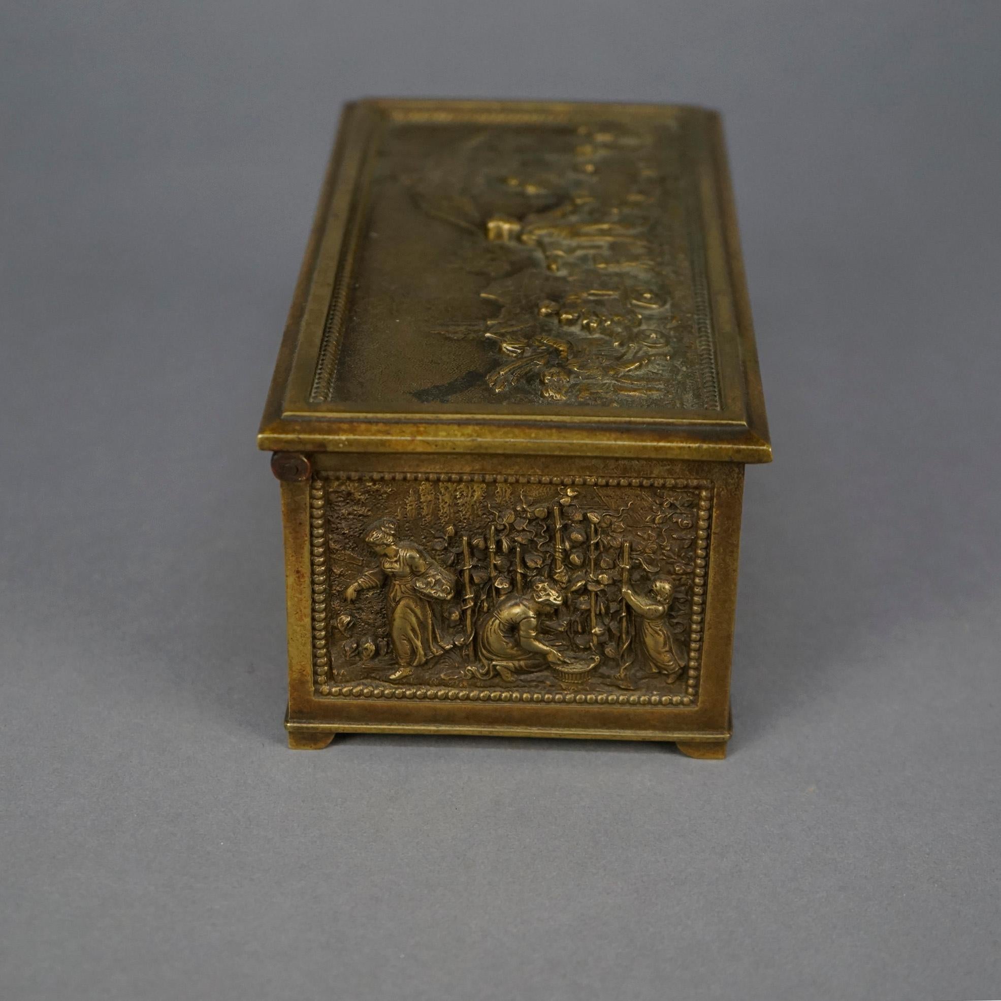 19th Century Antique Bronze Box, Continental Genre Scene with Figures in High Relief 19th C
