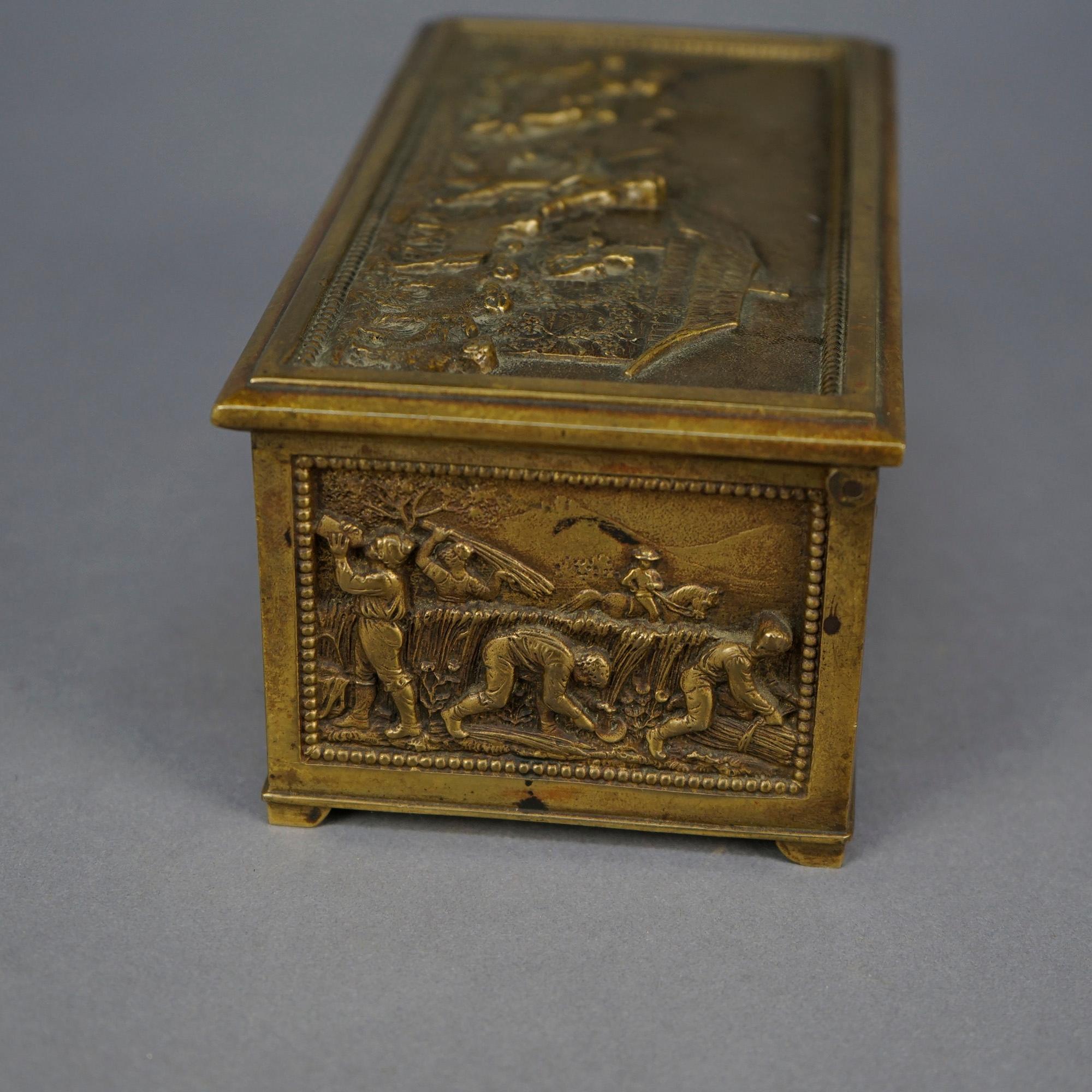 Antique Bronze Box, Continental Genre Scene with Figures in High Relief 19th C 1