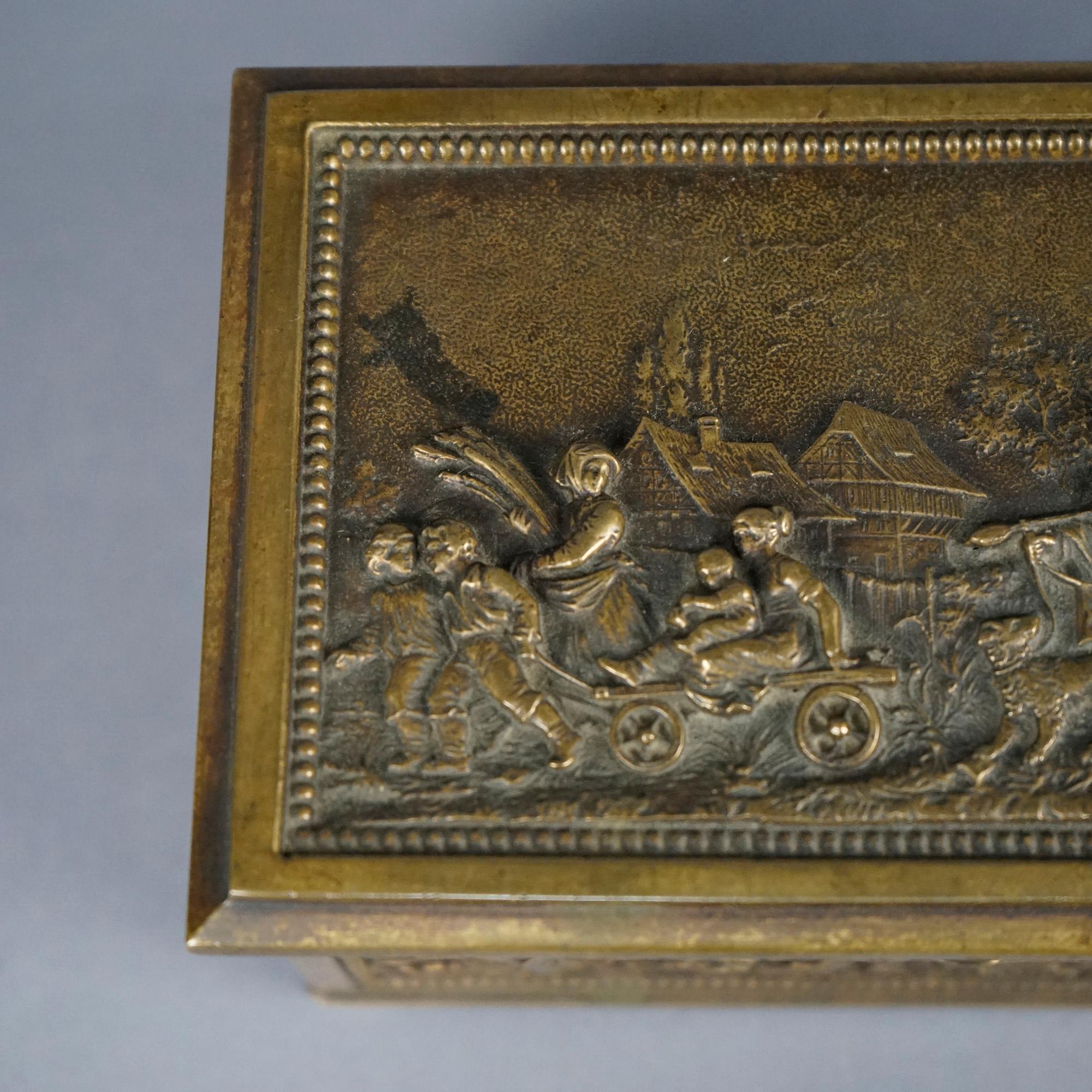 Antique Bronze Box, Continental Genre Scene with Figures in High Relief 19th C 2