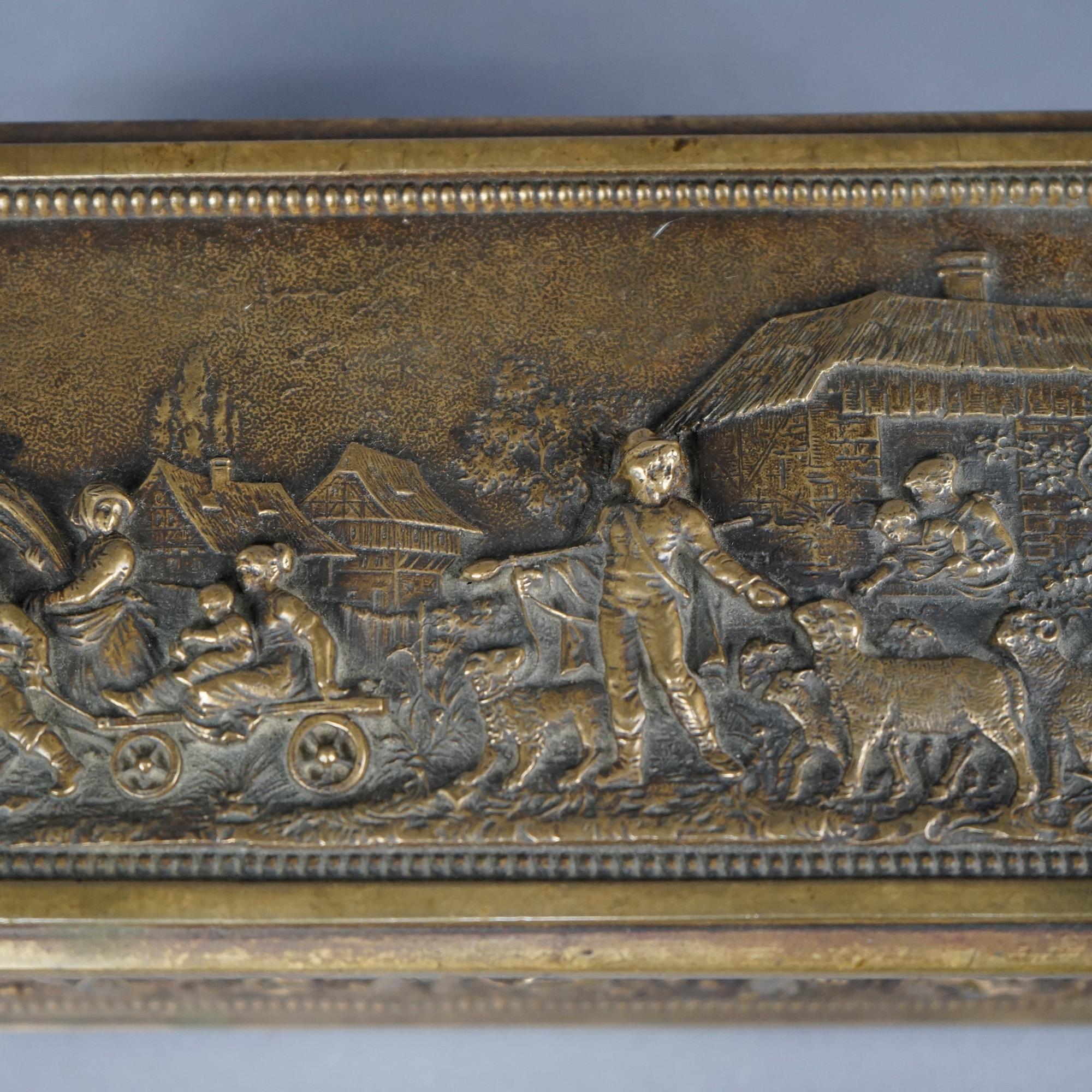 Antique Bronze Box, Continental Genre Scene with Figures in High Relief 19th C 3