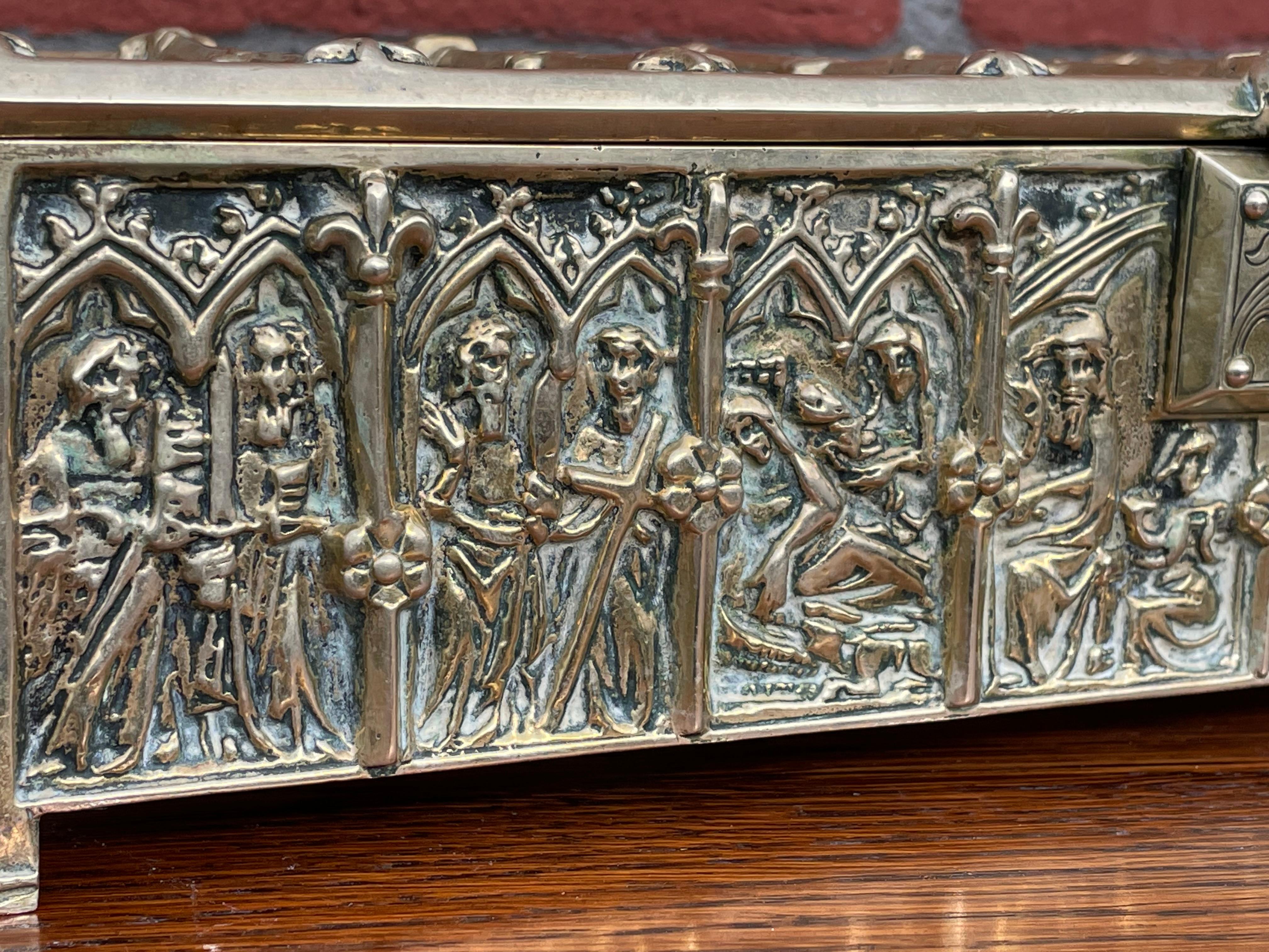 English Antique Bronze Box w. Gothic Church Window Panels by Adolph Frankau & Co, London