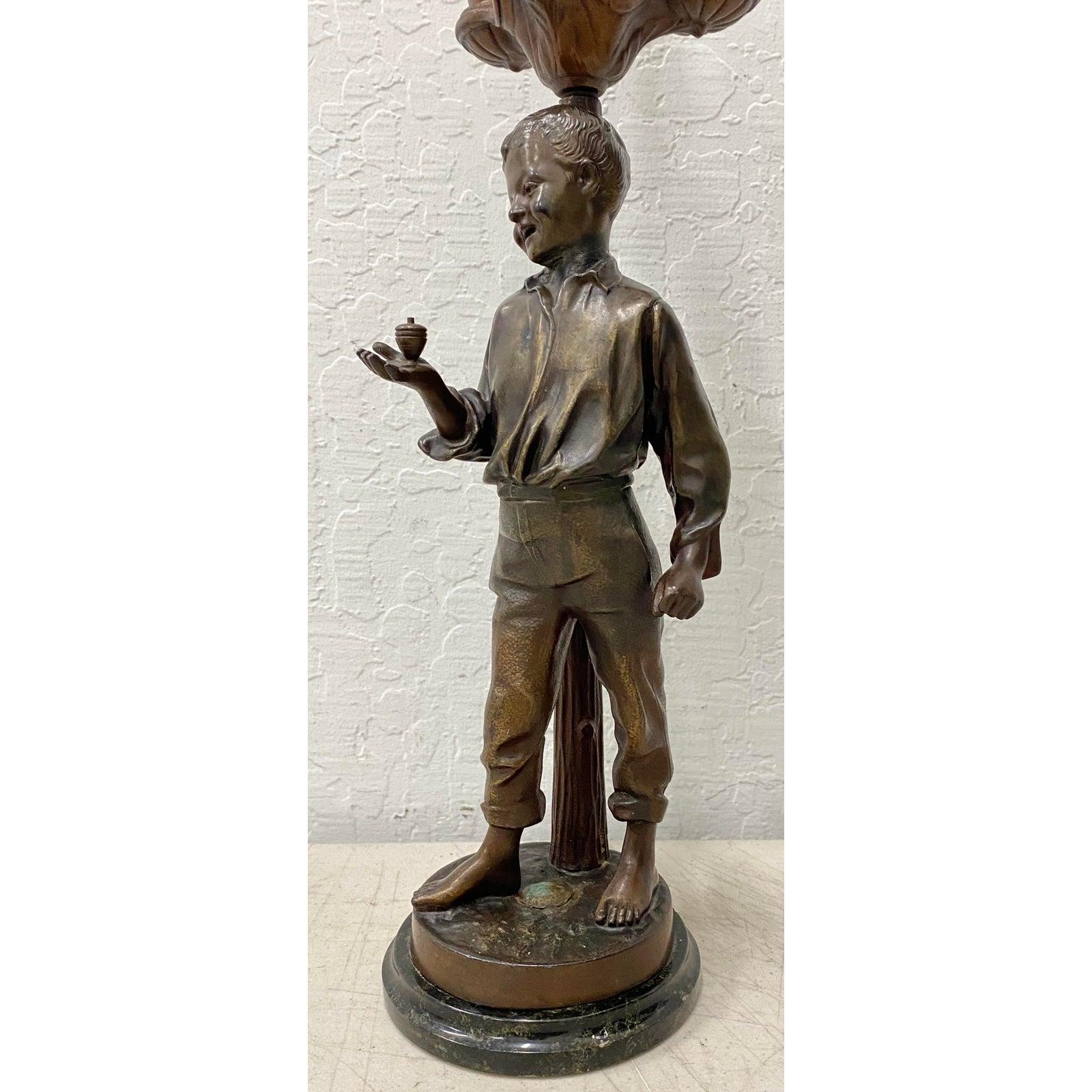Antique bronze boy three-light table lamp, circa 1920

Charming young boy with a spinning top in his hand.

A three socket light stands tall over his head. Wired and ready to illuminate. No shade.

Measures: 4.75