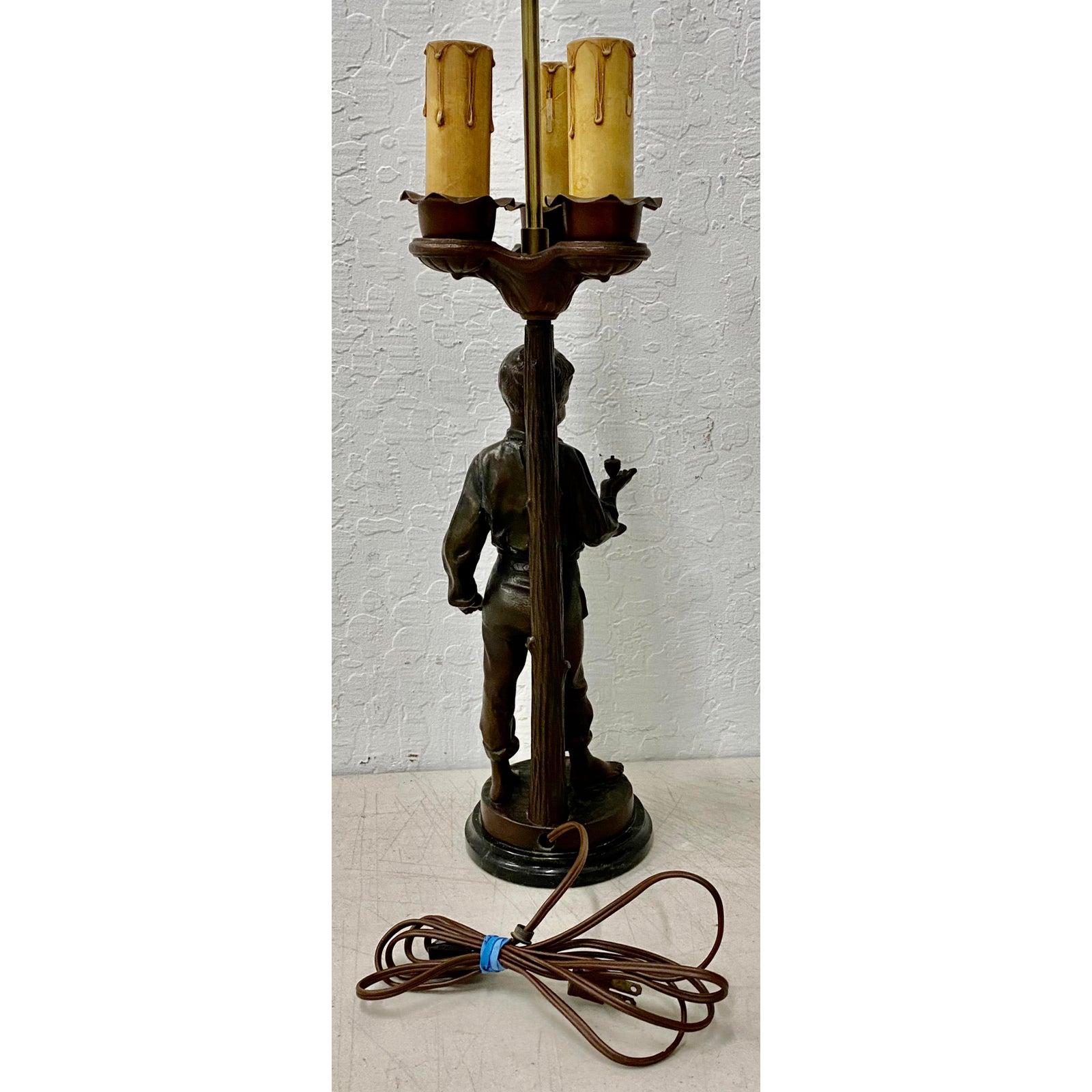 French Antique Bronze Boy Three Light Table Lamp, circa 1920