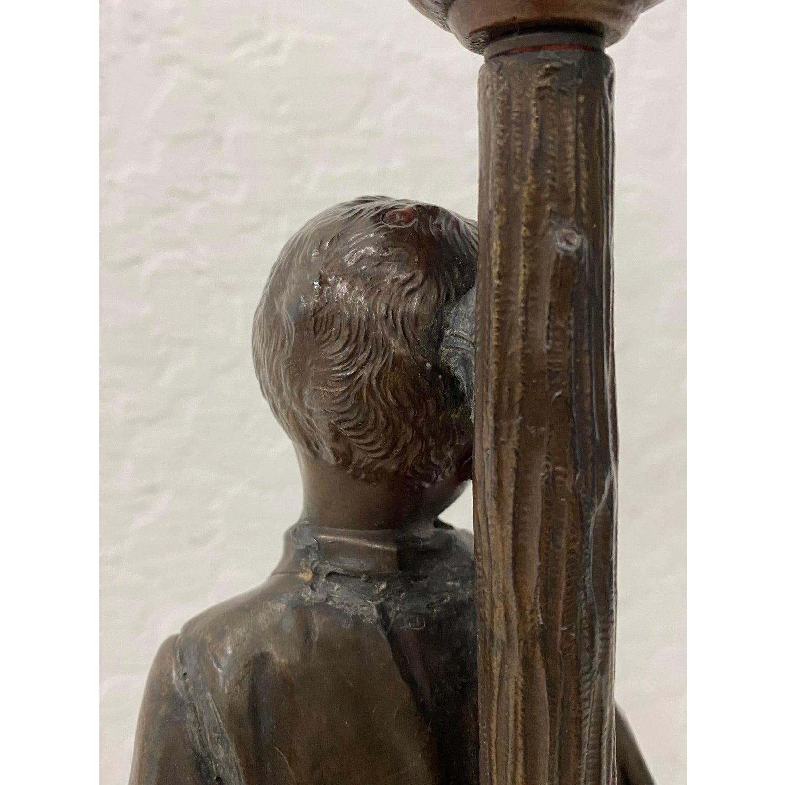 Cast Antique Bronze Boy Three Light Table Lamp, circa 1920