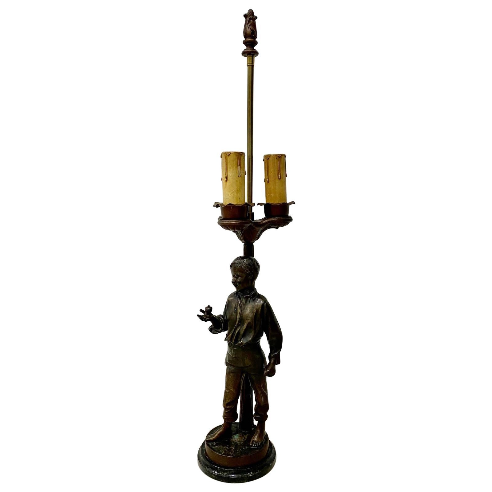 Antique Bronze Boy Three Light Table Lamp, circa 1920
