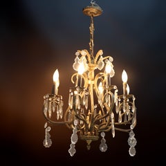 Antique Bronze & Brass 8-Light Chandelier With Italian Cut Crystals c1930