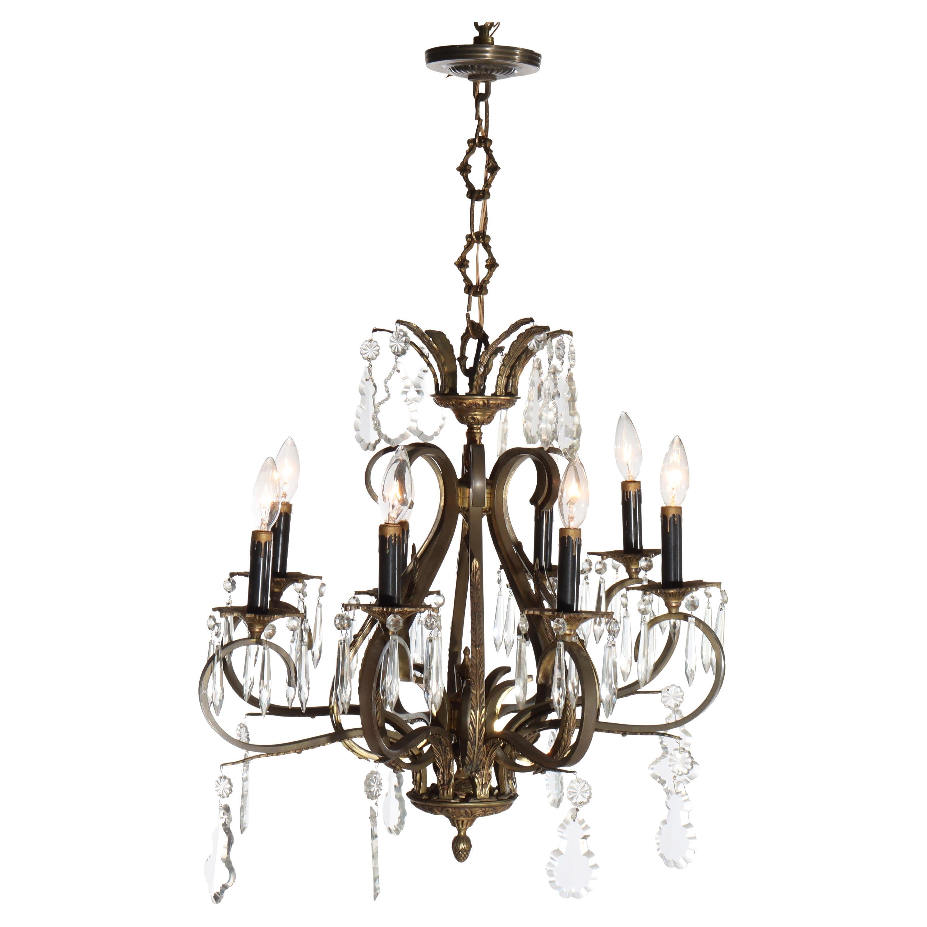 Antique Bronze 
Brass 8-Light Chandelier With Italian Cut Crystals c1930