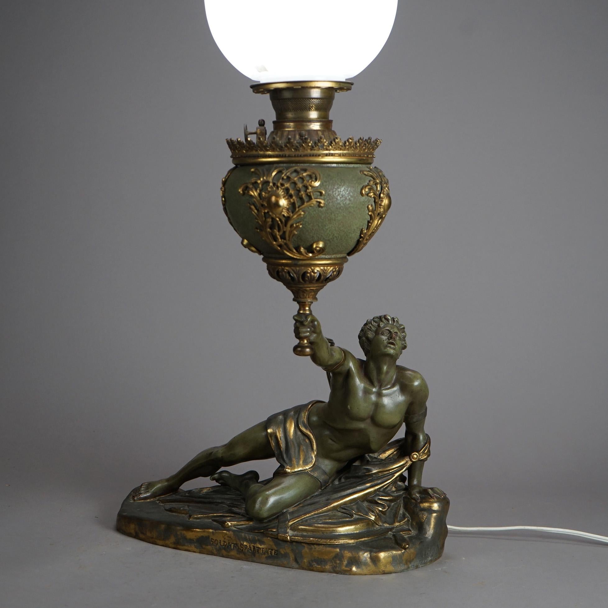 American Antique Bronze & Brass Figural Soldat Spartiate Lamp After Jean-Pierre Cartot