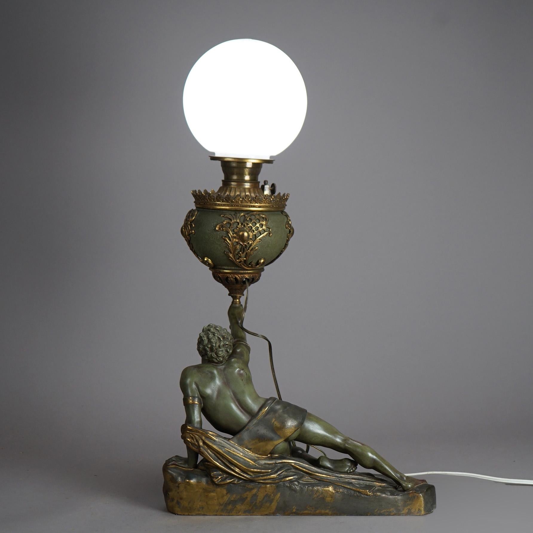 Glass Antique Bronze & Brass Figural Soldat Spartiate Lamp After Jean-Pierre Cartot