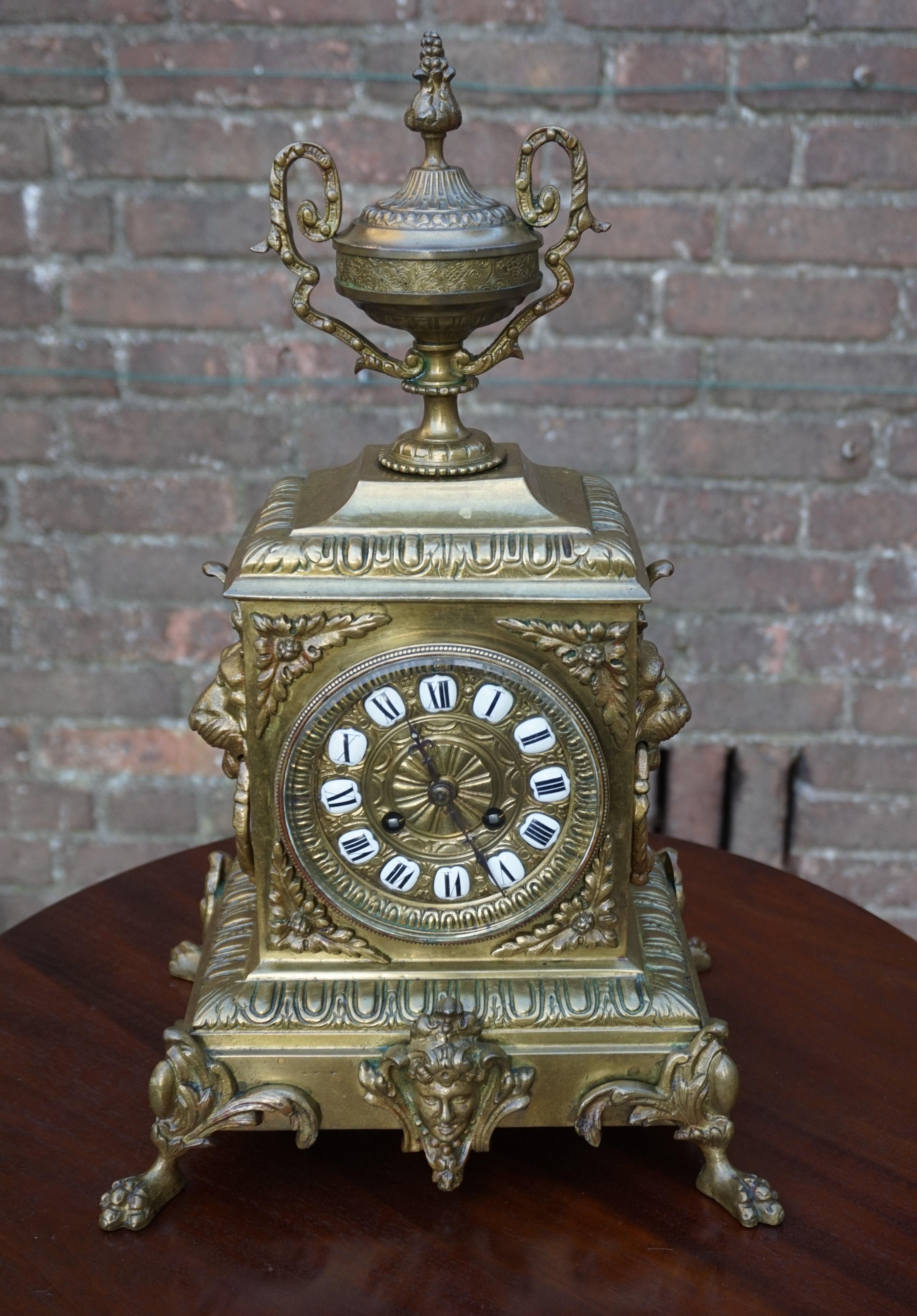 Antique Bronze and Brass Mantel Clock, Enameled Roman Numerals, Lion Sculptures For Sale 3