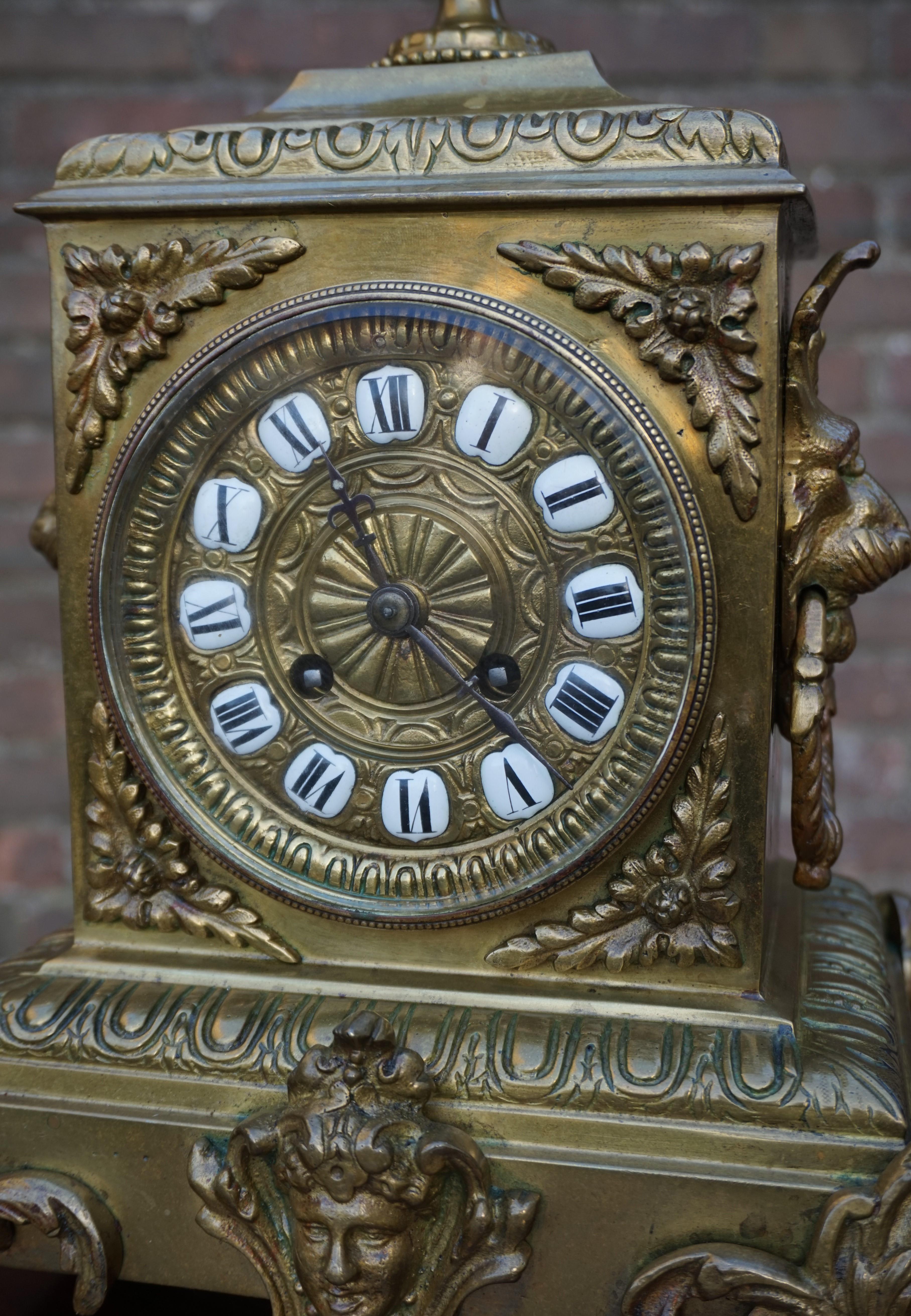 Antique Bronze and Brass Mantel Clock, Enameled Roman Numerals, Lion Sculptures For Sale 5