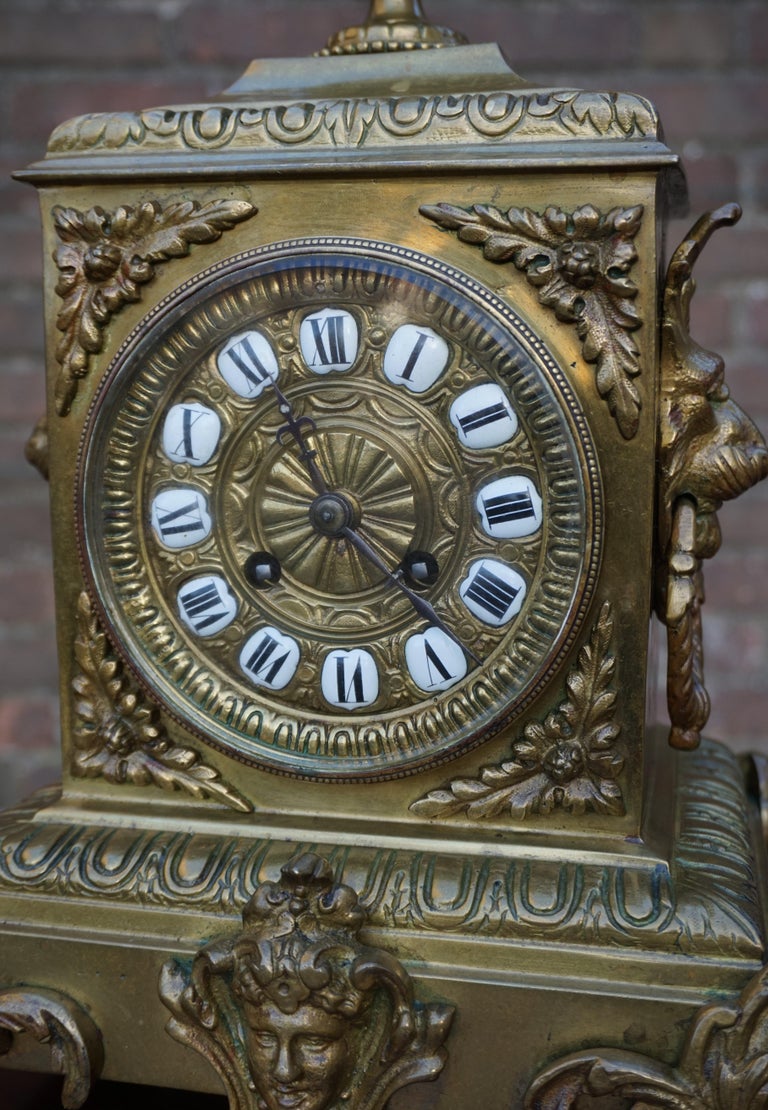 Antique Bronze and Brass Mantel Clock, Enameled Roman Numerals, Lion