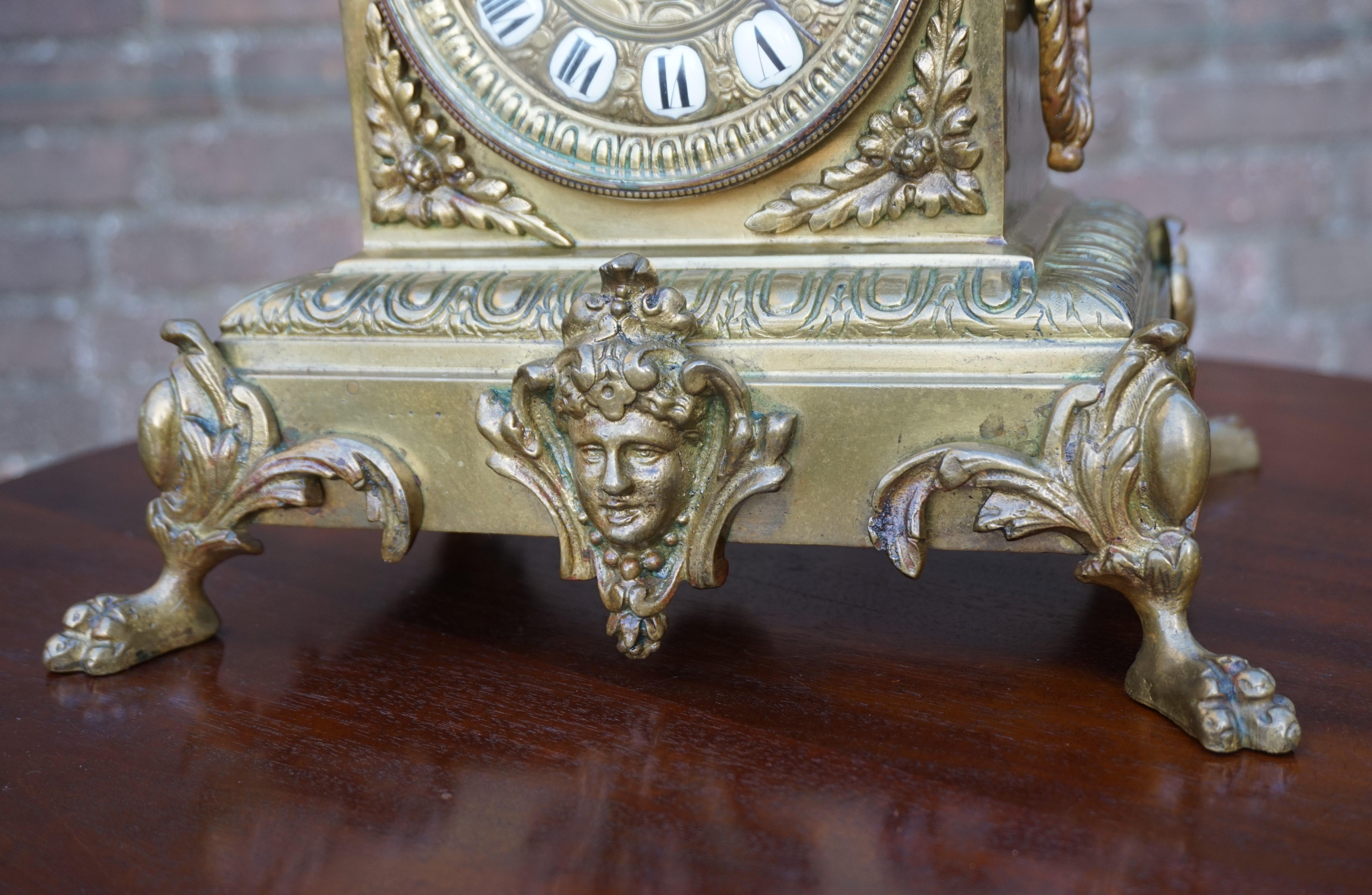 Antique Bronze and Brass Mantel Clock, Enameled Roman Numerals, Lion Sculptures For Sale 8