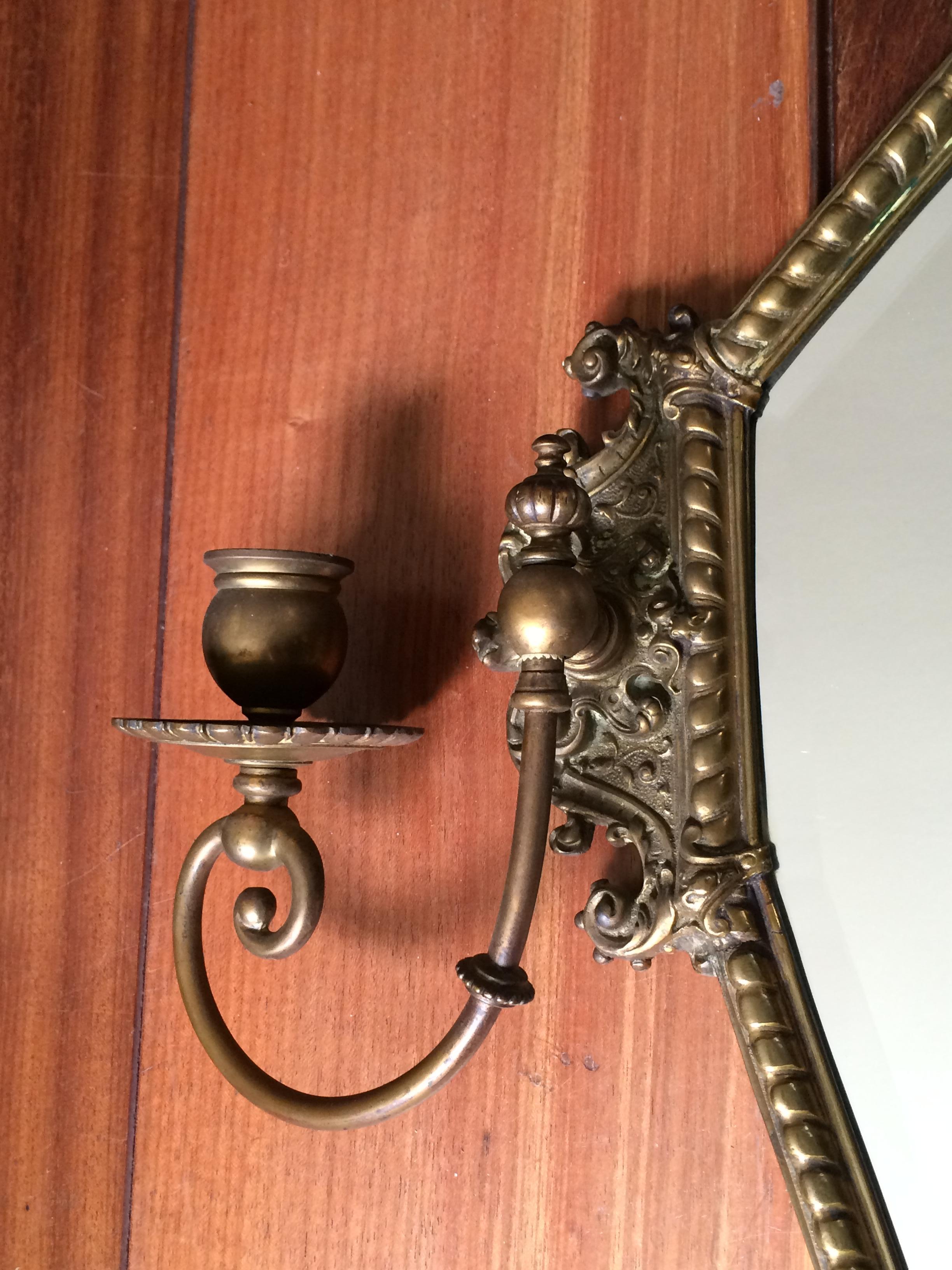 Antique Bronze and Brass Renaissance Revival Wall Mirror, Candleholders, Angel 4