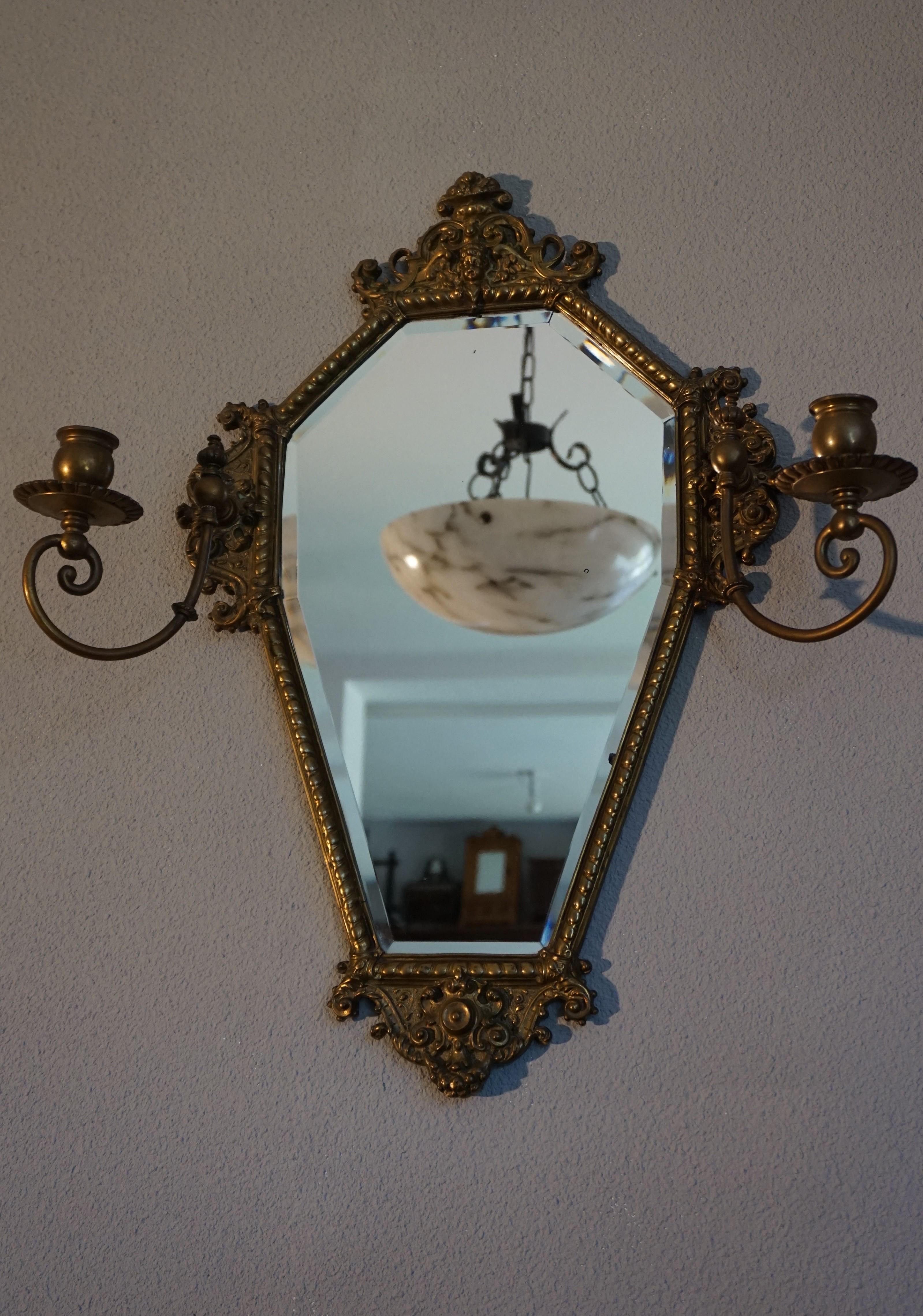 Antique Bronze and Brass Renaissance Revival Wall Mirror, Candleholders, Angel 5