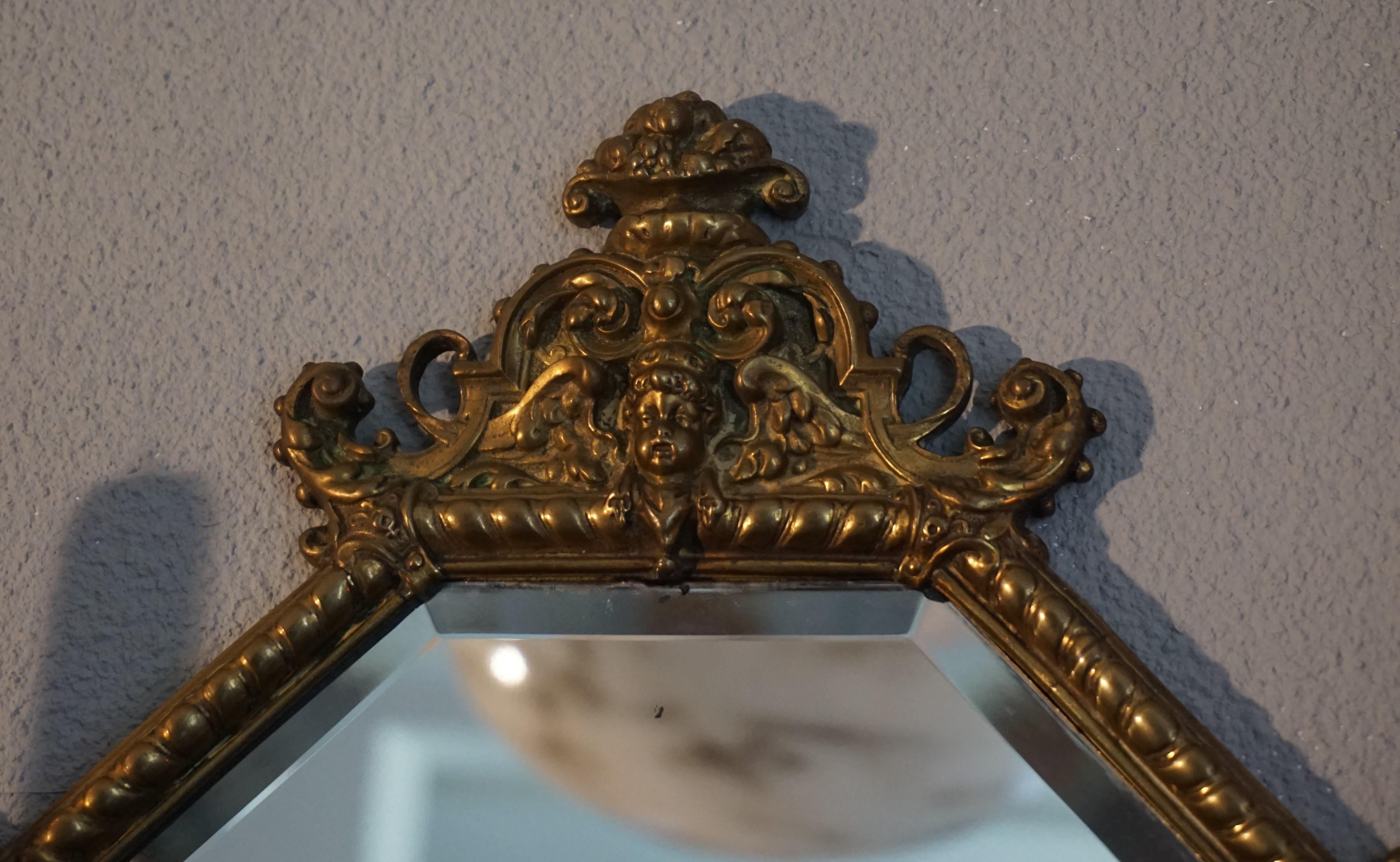Antique Bronze and Brass Renaissance Revival Wall Mirror, Candleholders, Angel 7
