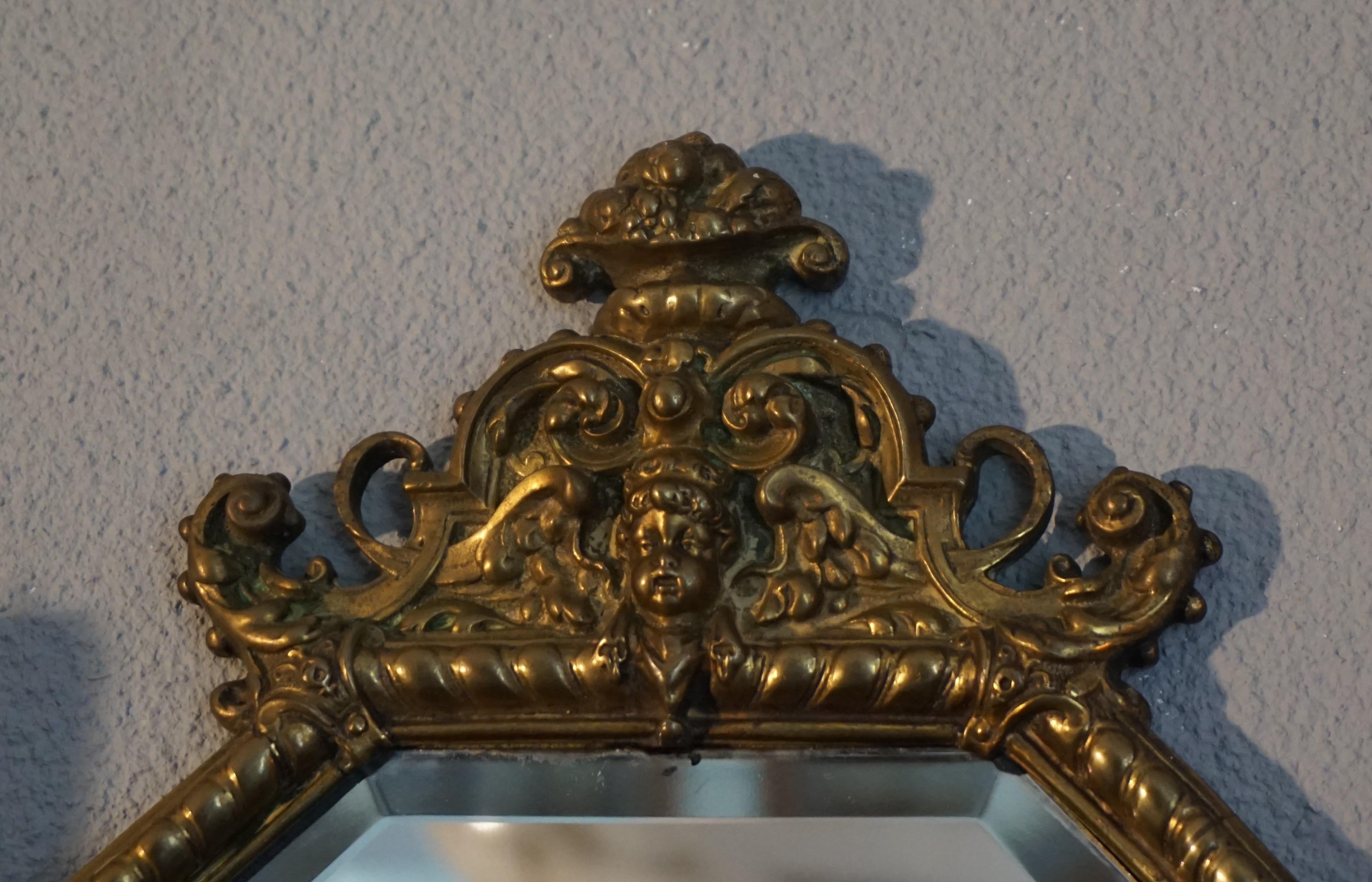 Antique Bronze and Brass Renaissance Revival Wall Mirror, Candleholders, Angel 11
