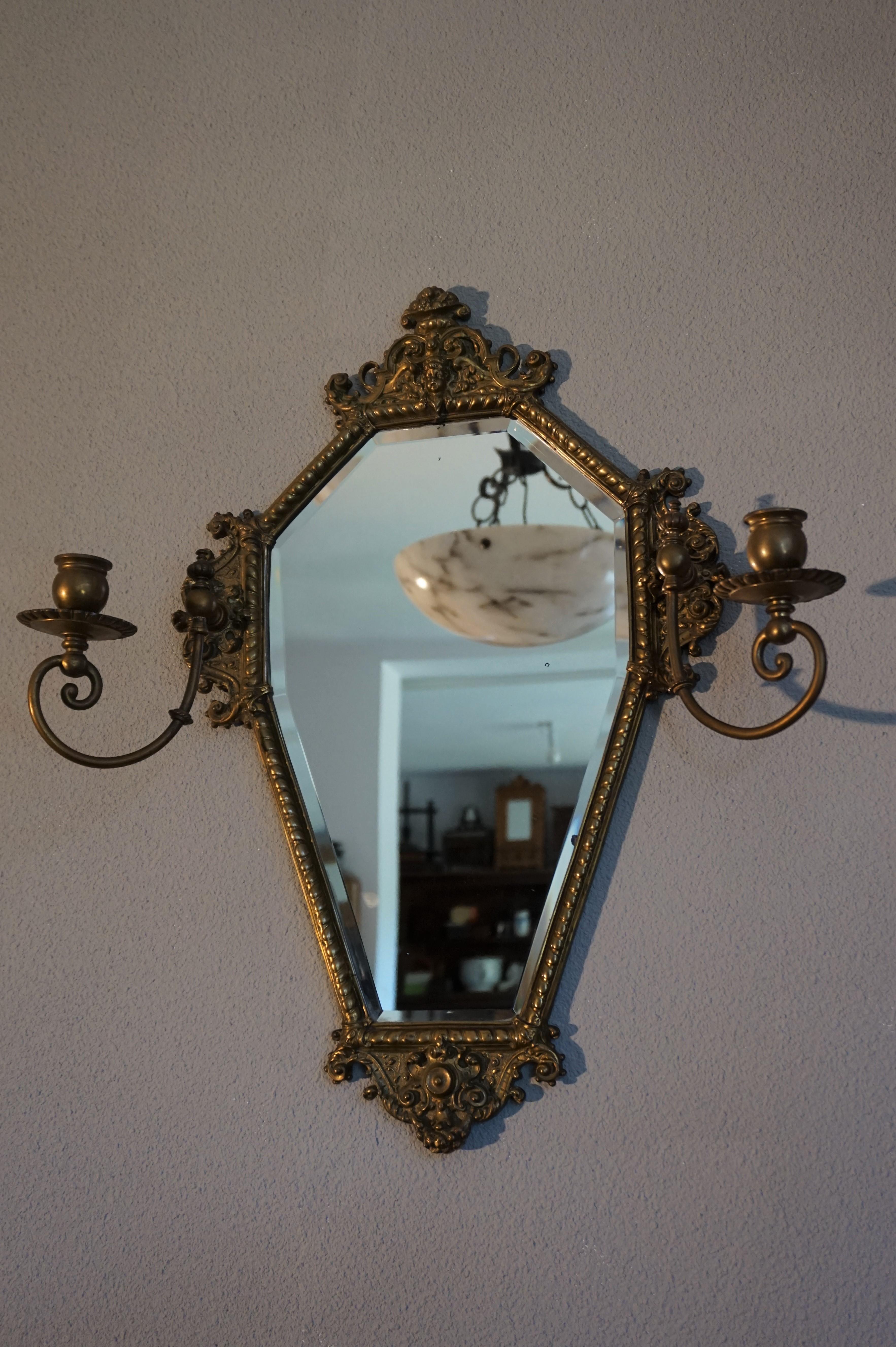 Antique Bronze and Brass Renaissance Revival Wall Mirror, Candleholders, Angel 13